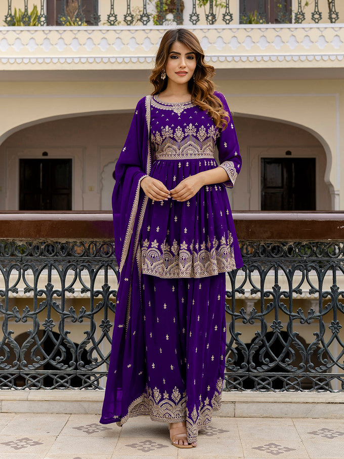 Purple Georgette Embroidery Pleated Kurta Sharara with Dupatta Salwar Suit Set For Women's Trendmallsin