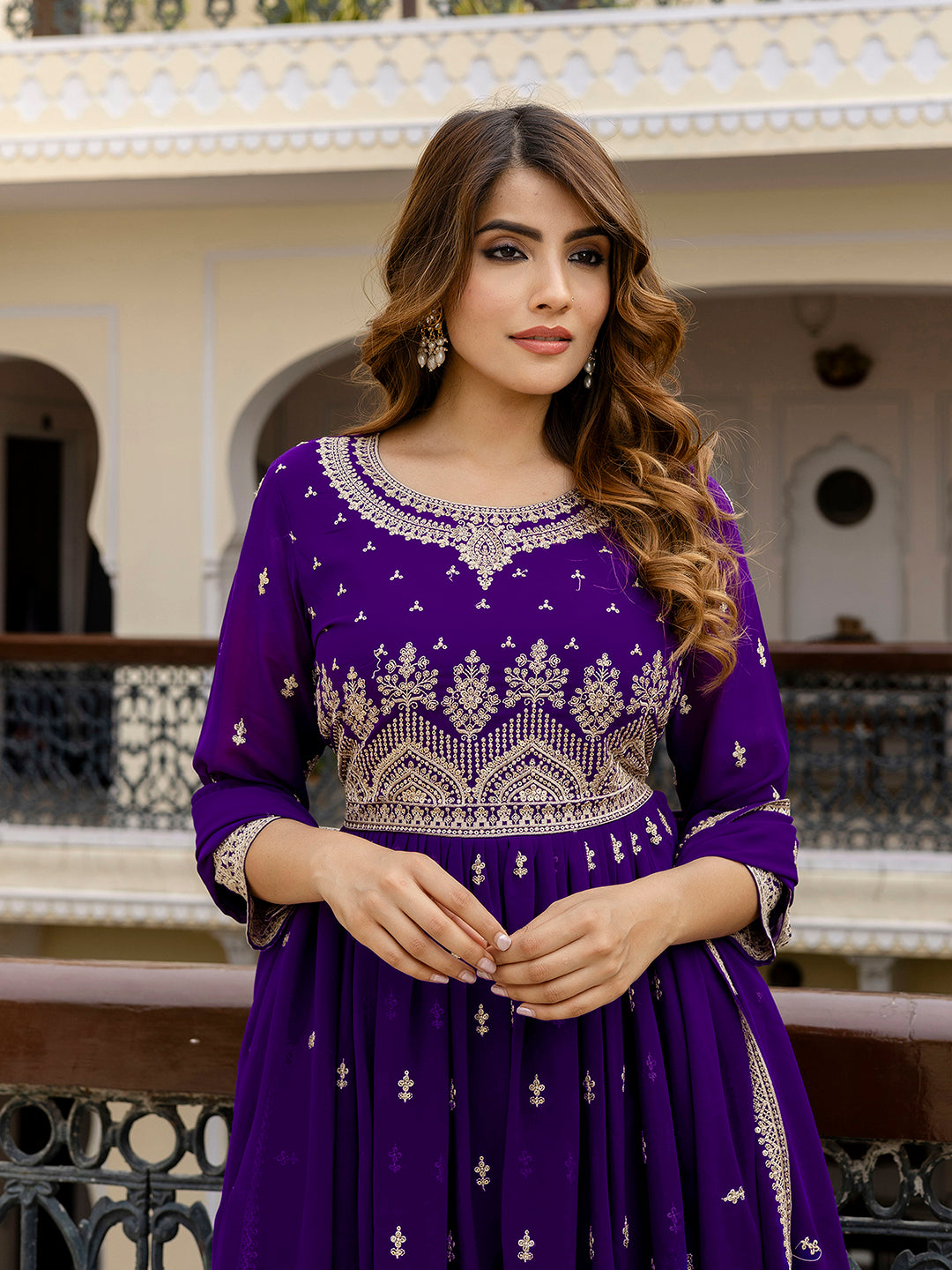 Purple Georgette Embroidery Pleated Kurta Sharara with Dupatta Salwar Suit Set For Women's Trendmallsin