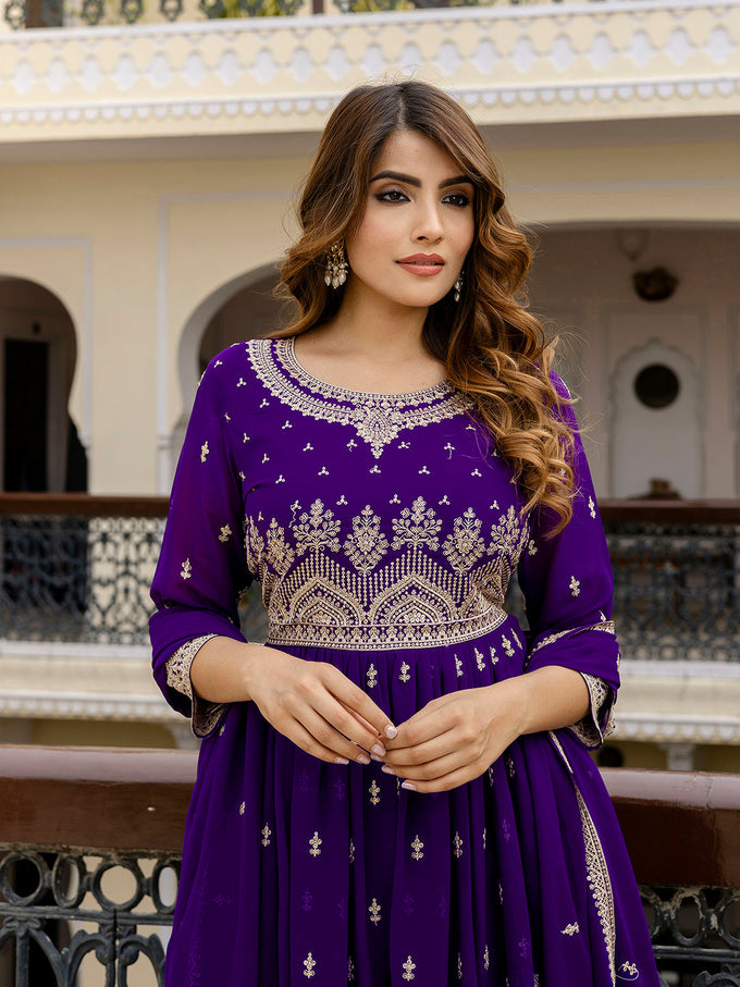 Purple Georgette Embroidery Pleated Kurta Sharara with Dupatta Salwar Suit Set For Women's Trendmallsin