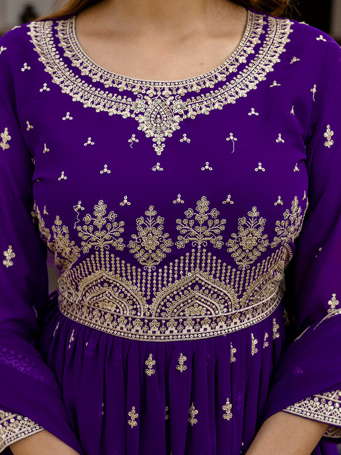 Purple Georgette Embroidery Pleated Kurta Sharara with Dupatta Salwar Suit Set For Women's Trendmallsin