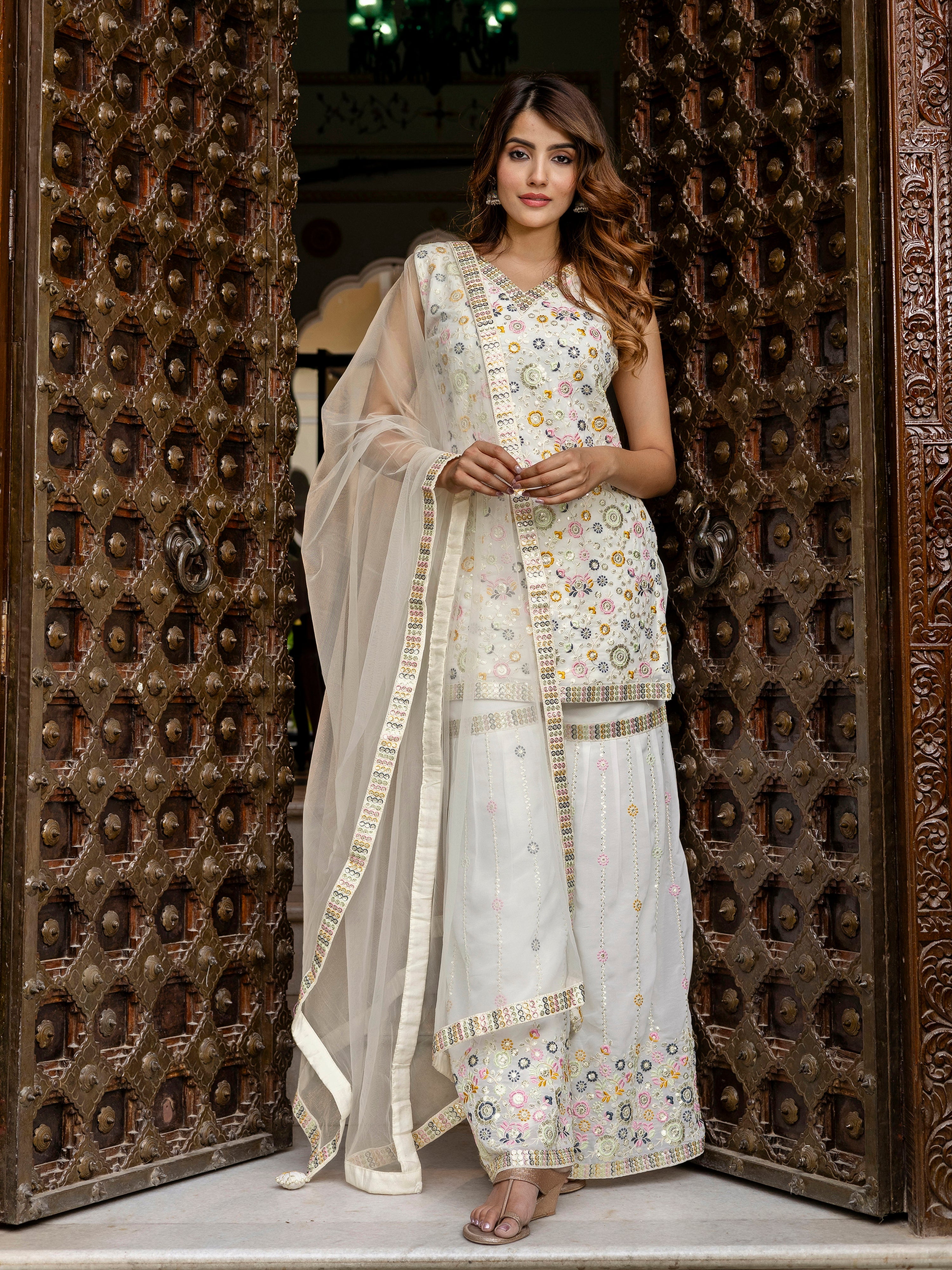 White Georgette Embroidery work Kurta Sharara Set with Dupatta Kurta Set for Women Trendmalls