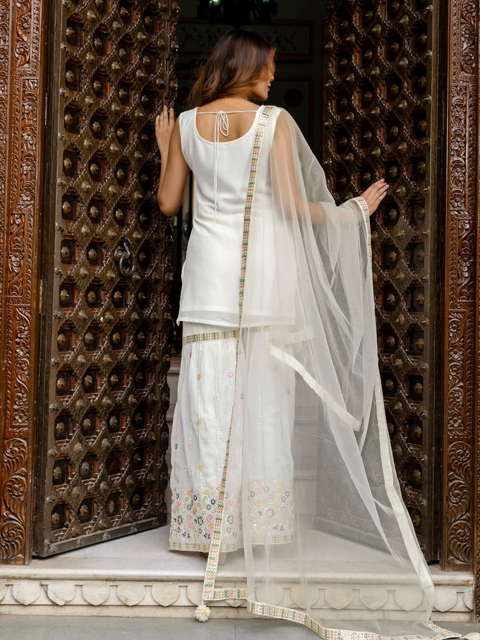 White Georgette Embroidery work Kurta Sharara Set with Dupatta Kurta Set for Women Trendmalls