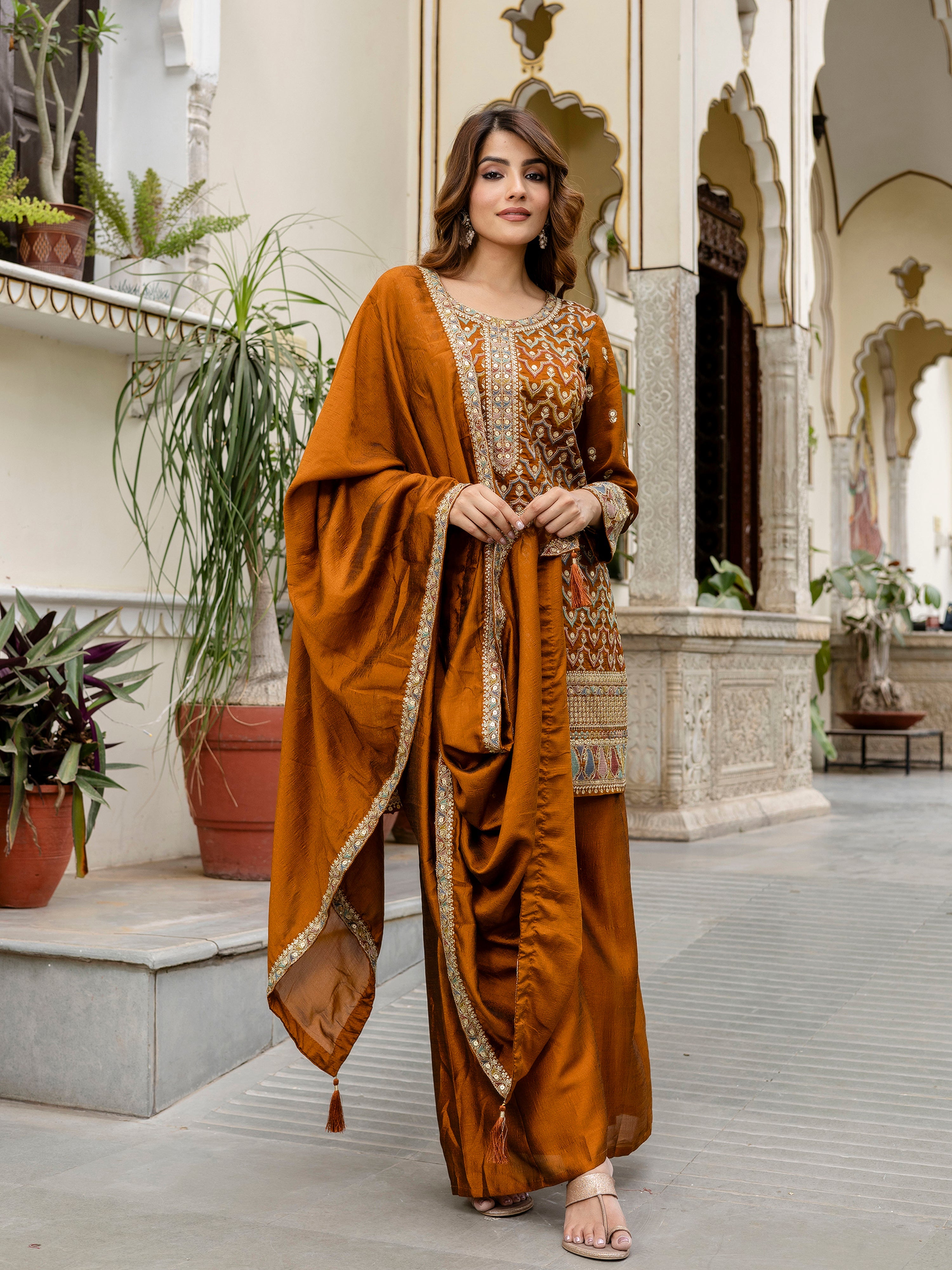Women's Art Silk Sequins Embroidery Kurta Sharara Set with Dupatta for Women Kurta Palazzo Set Trendmallsin