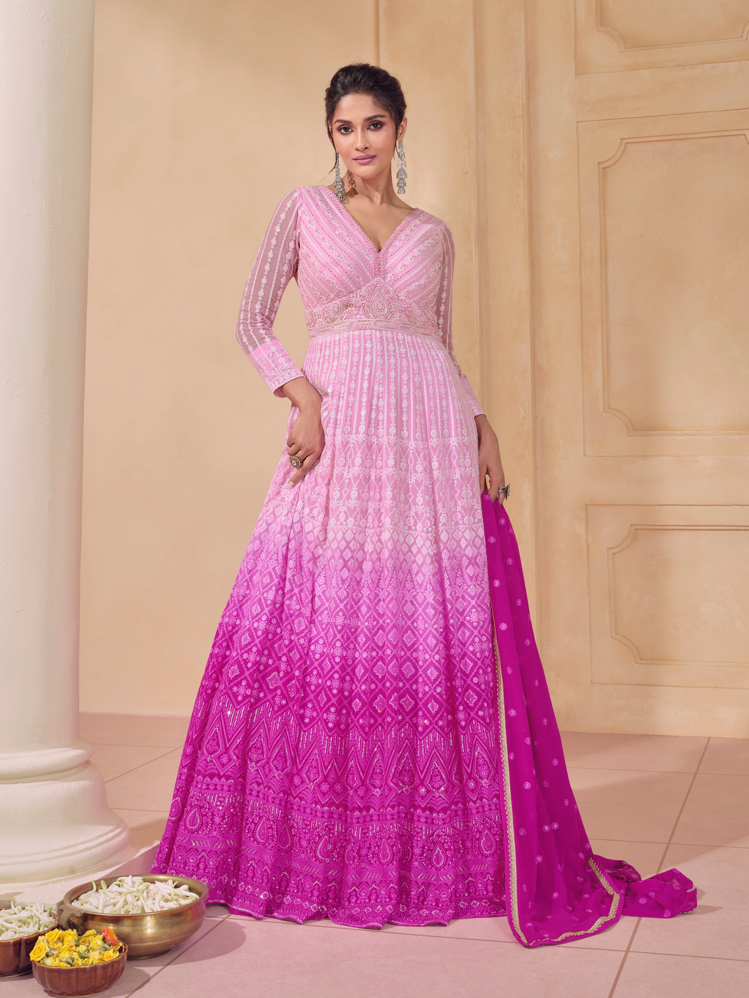 Pink Georgette Embroidery Sequence Work Gown For Women