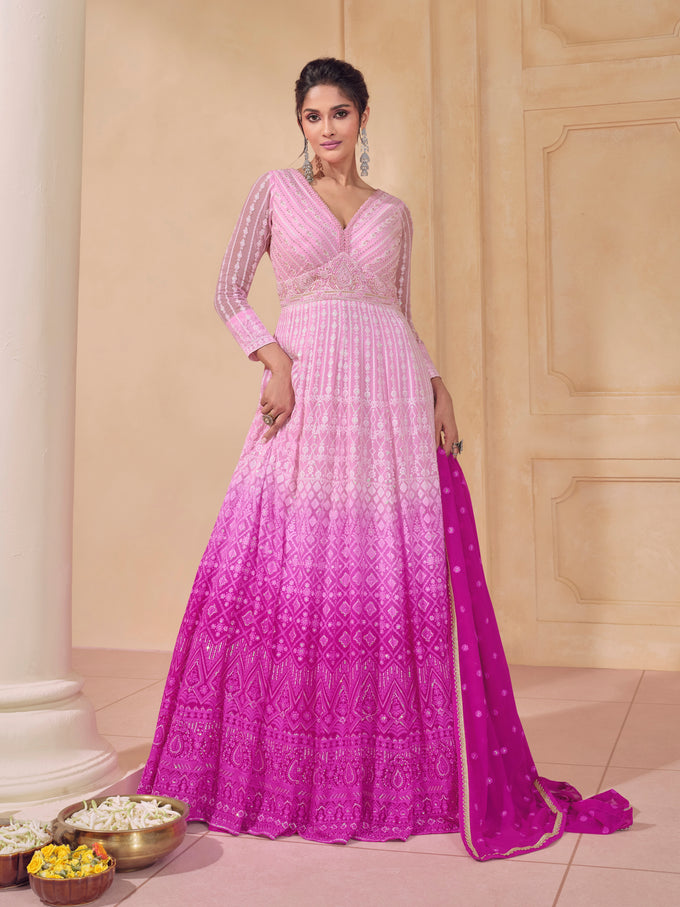 Pink Georgette Embroidery Sequence Work Gown For Women