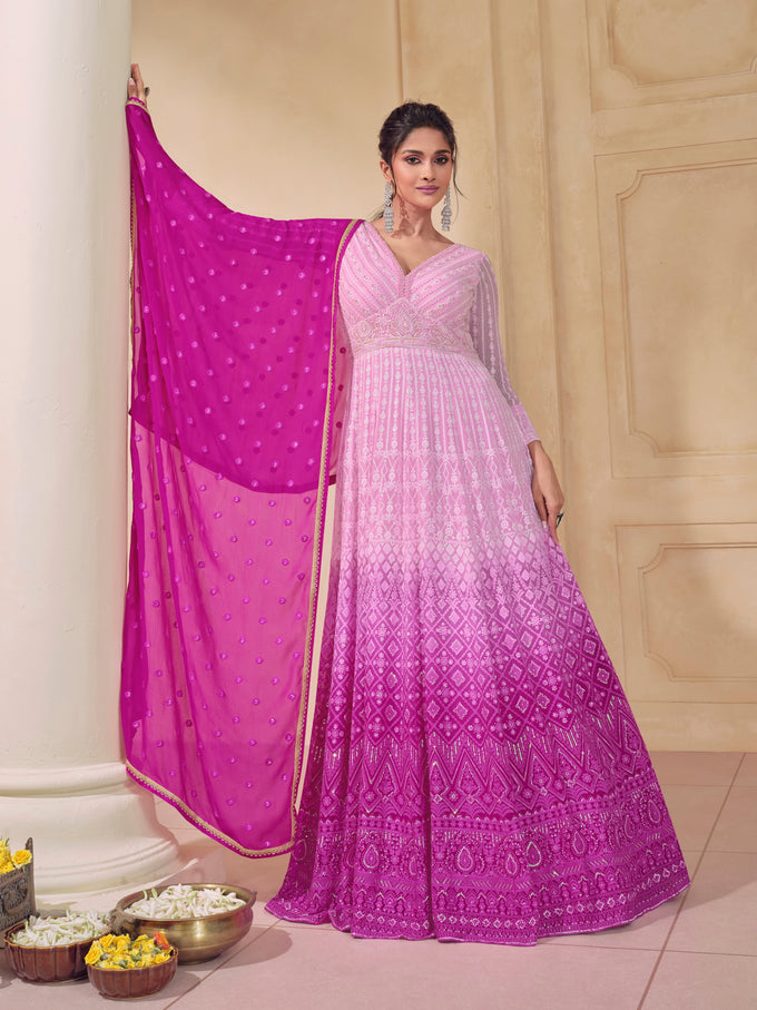Pink Georgette Embroidery Sequence Work Gown For Women