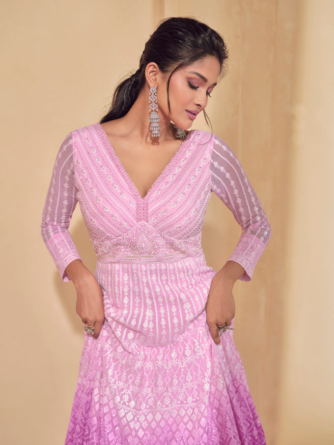 Pink Georgette Embroidery Sequence Work Gown For Women
