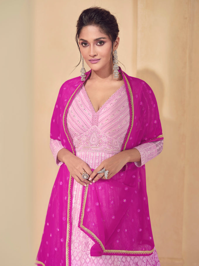 Pink Georgette Embroidery Sequence Work Gown For Women