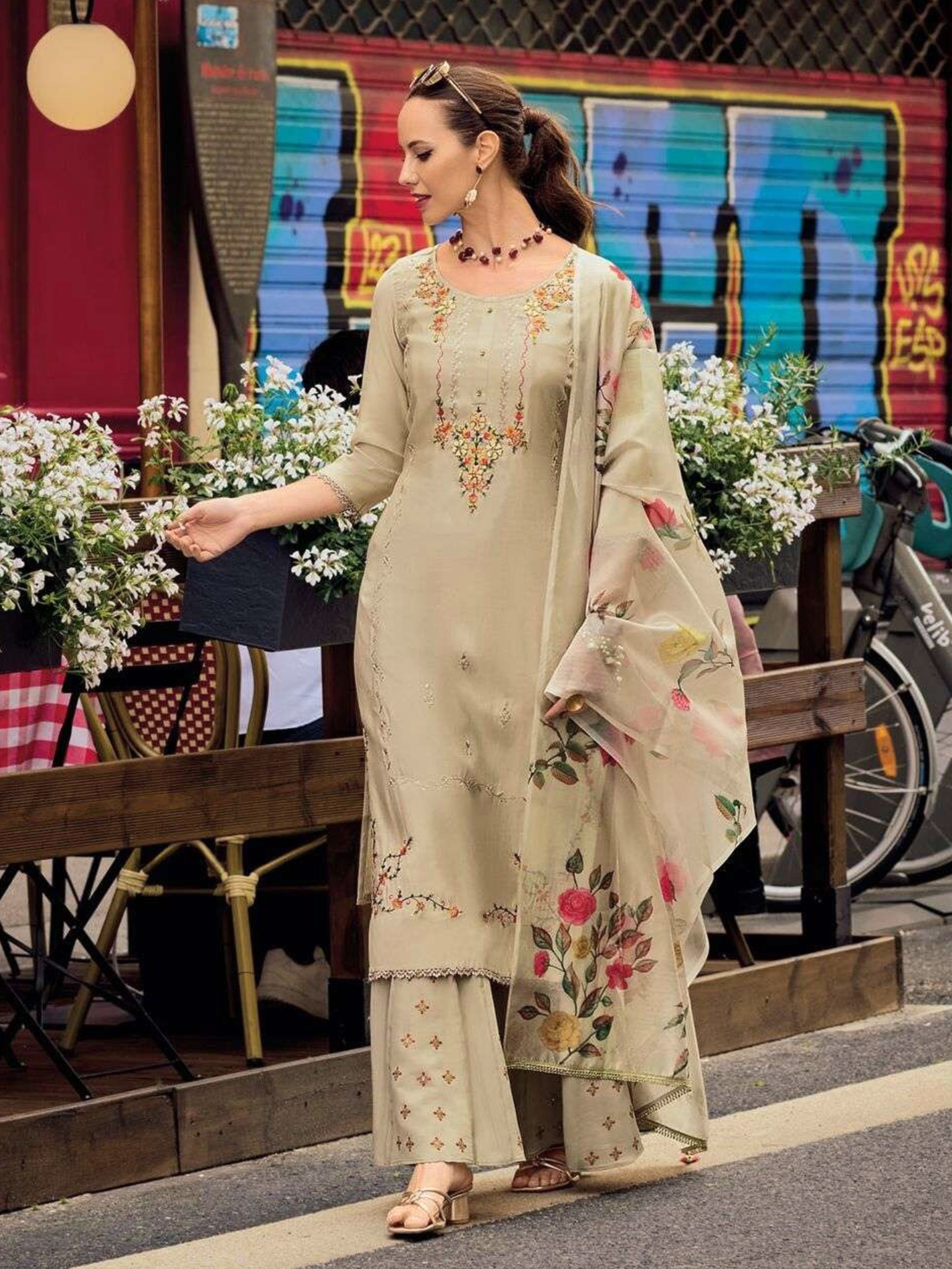 Beige Cotton Silk Embroidery Multi Work Kurta Palazzo with Dupatta Set Trendmalls