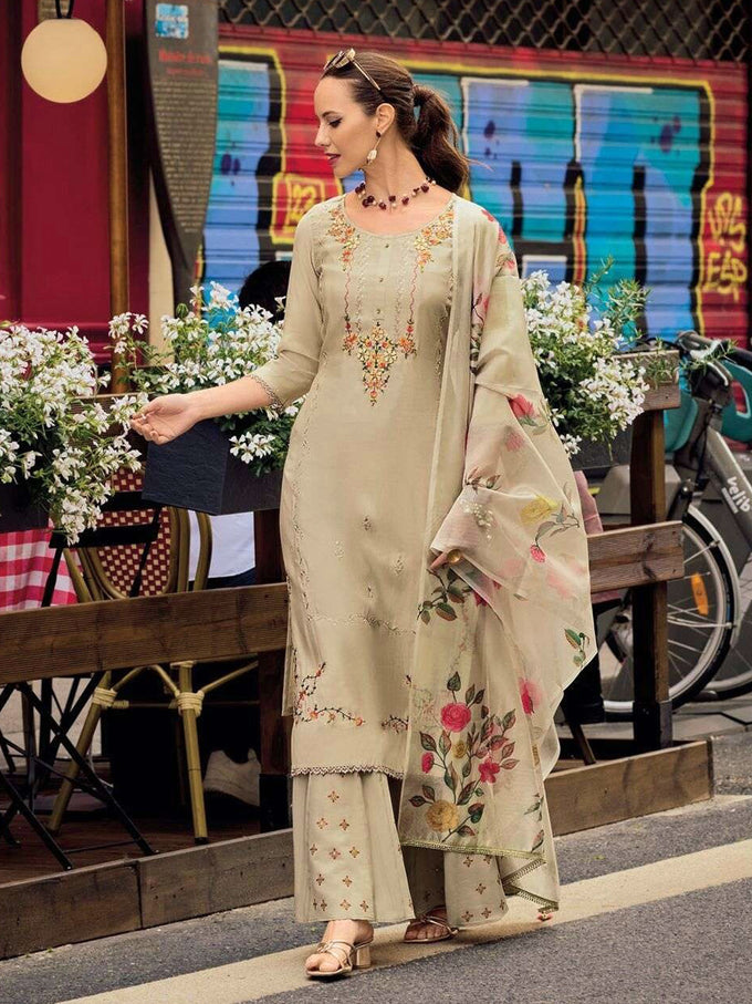 Beige Cotton Silk Embroidery Multi Work Kurta Palazzo with Dupatta Set Trendmalls