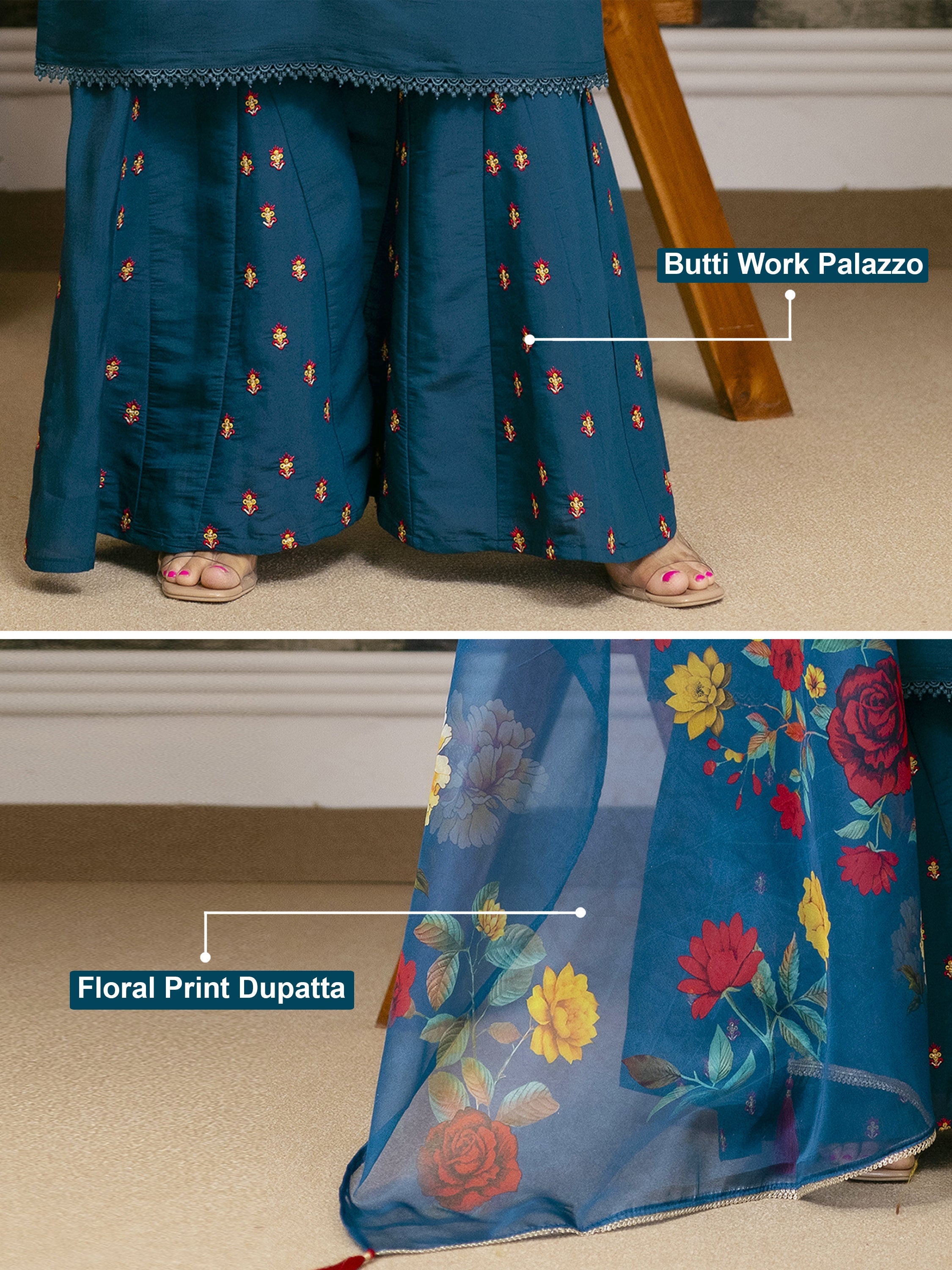 Teal Blue Cotton Silk Hand Work Embroidery Kurta Palazzo Set with Printed Dupatta Salwar Suit Set Trendmalls