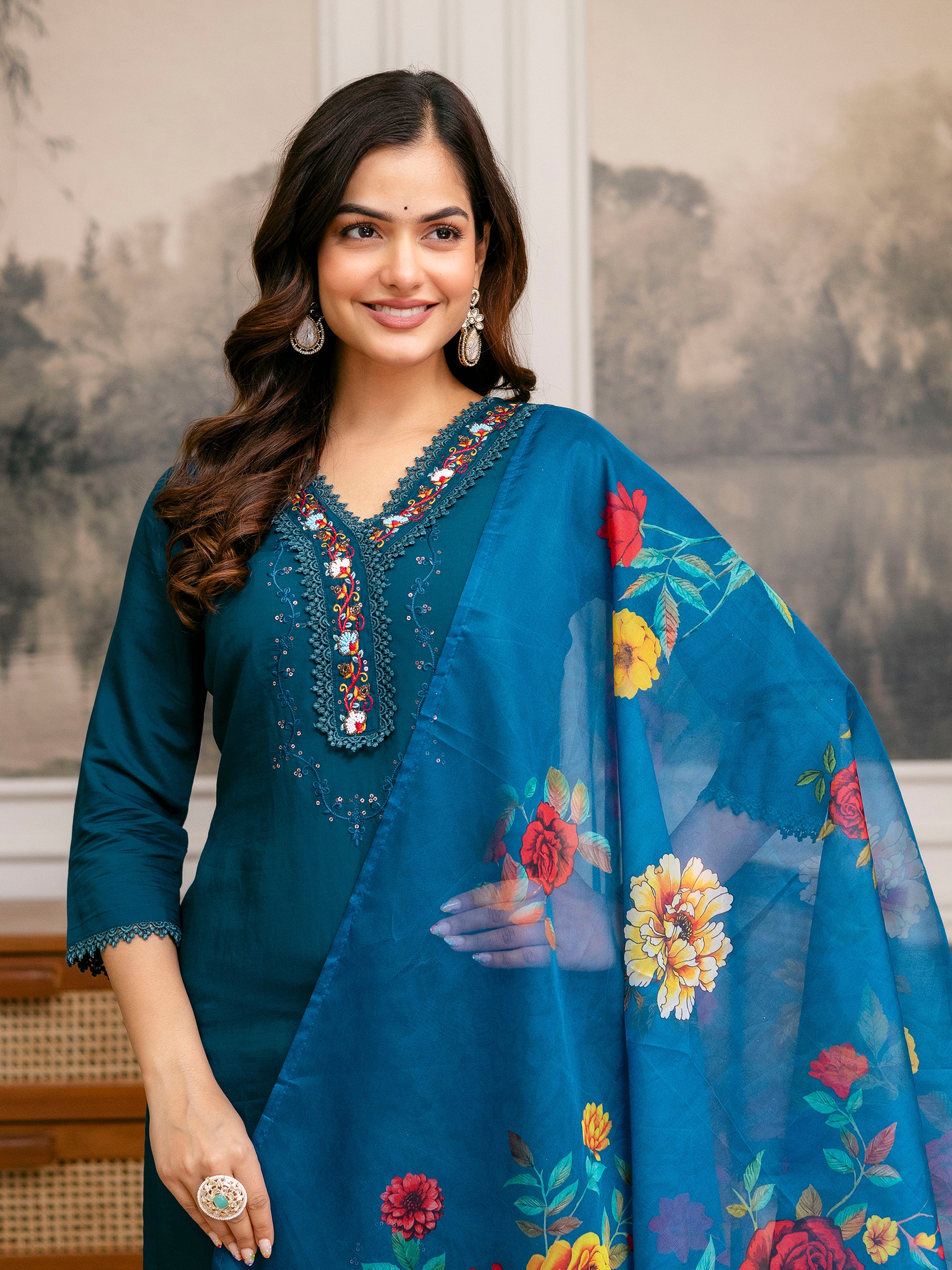 Teal Blue Cotton Silk Hand Work Embroidery Kurta Palazzo Set with Printed Dupatta Salwar Suit Set Trendmalls