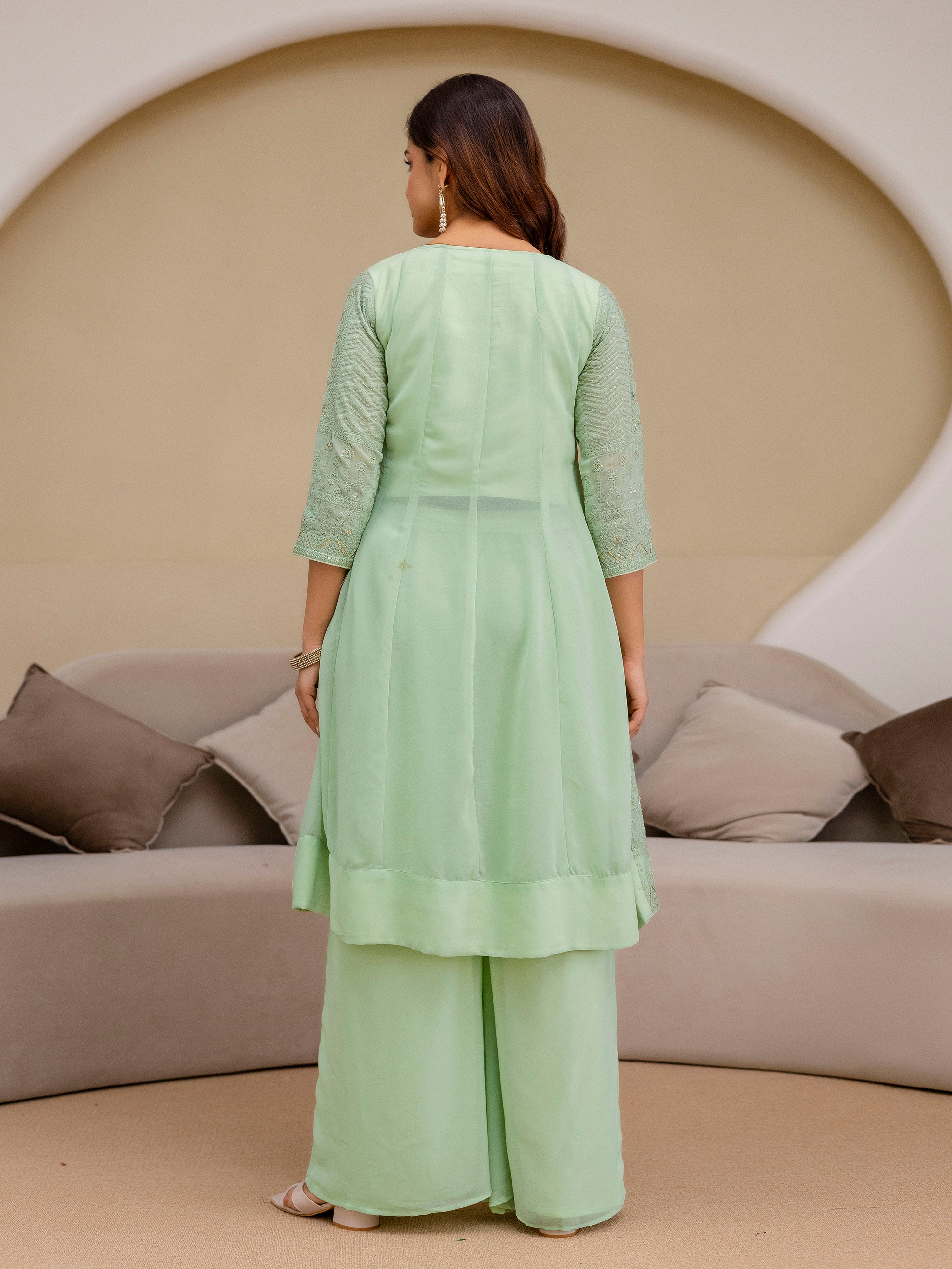 Lightgreen Georgette Embroidery Work Front Slit Kurta Palazzo with Dupatta for Women Trendmalls