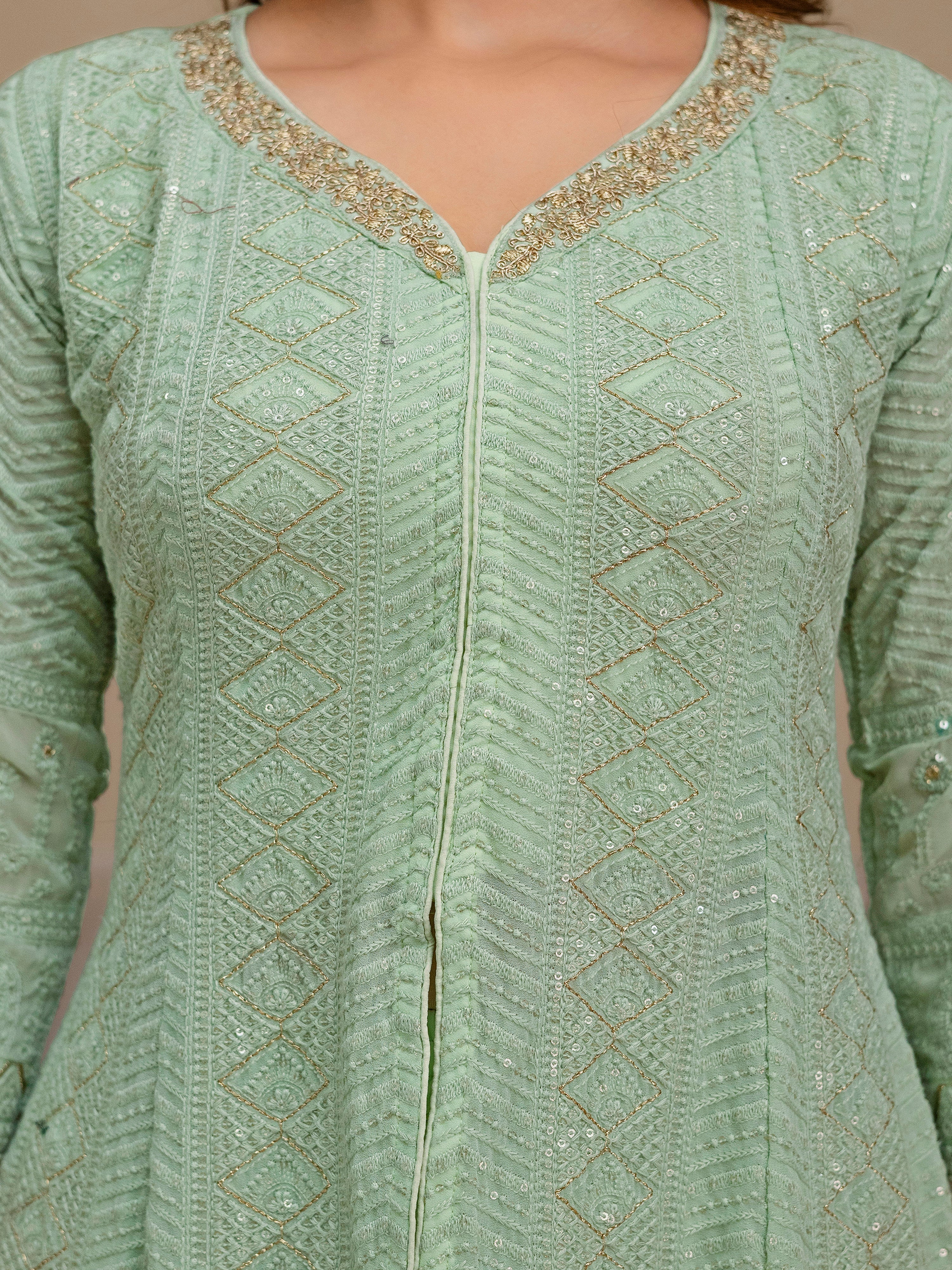 Lightgreen Georgette Embroidery Work Front Slit Kurta Palazzo with Dupatta for Women Trendmalls