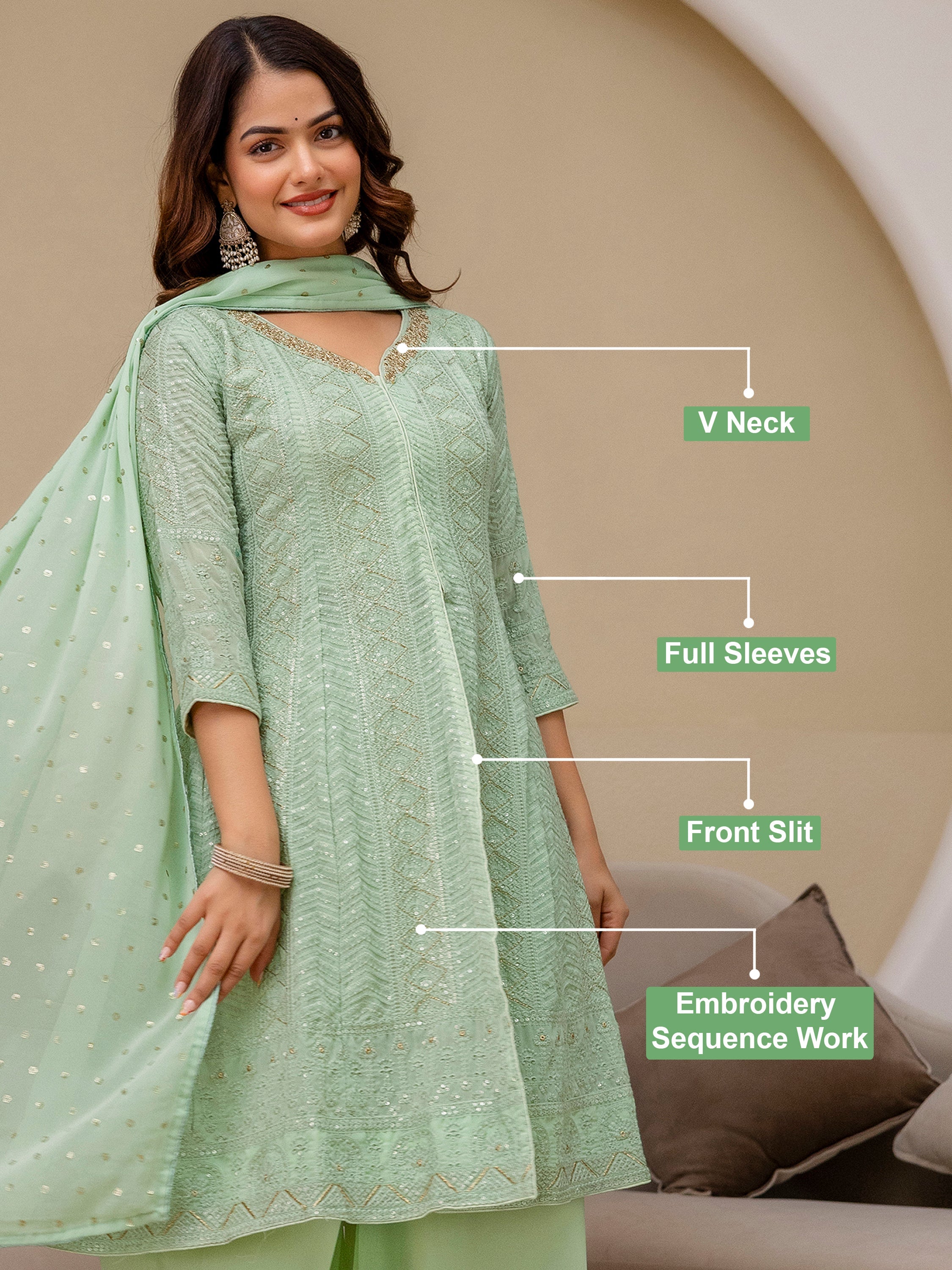 Lightgreen Georgette Embroidery Work Front Slit Kurta Palazzo with Dupatta for Women Trendmalls