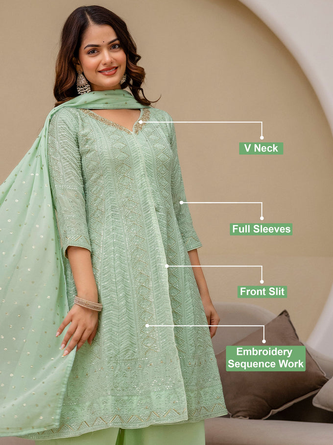 Lightgreen Georgette Embroidery Work Front Slit Kurta Palazzo with Dupatta for Women Trendmalls