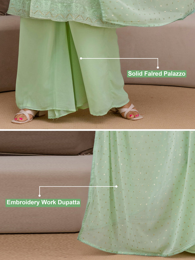 Lightgreen Georgette Embroidery Work Front Slit Kurta Palazzo with Dupatta for Women Trendmalls
