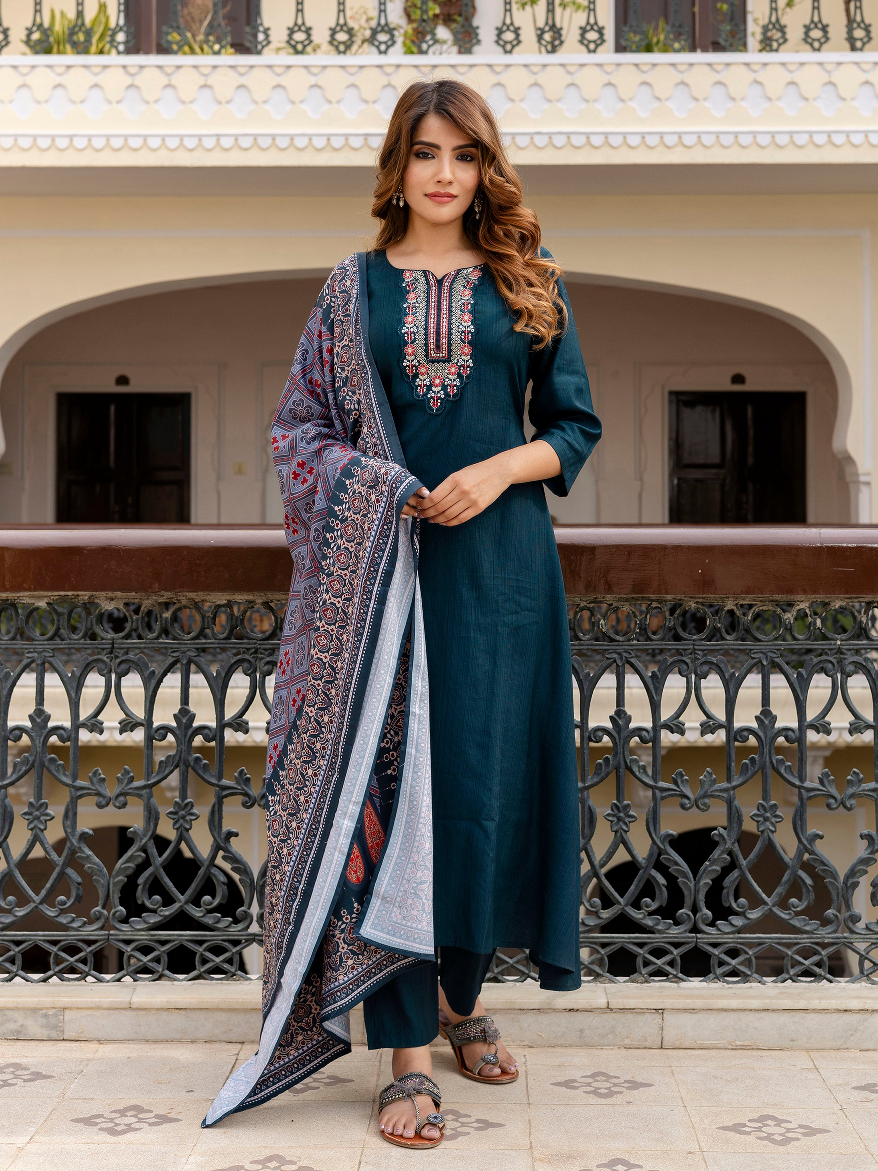 Teal Blue Art Silk Embroidery Anarkali Salwar Suit with Dupatta Set For Women's Trendmallsin