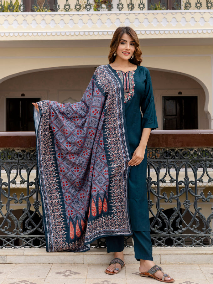 Teal Blue Art Silk Embroidery Anarkali Salwar Suit with Dupatta Set For Women's Trendmallsin