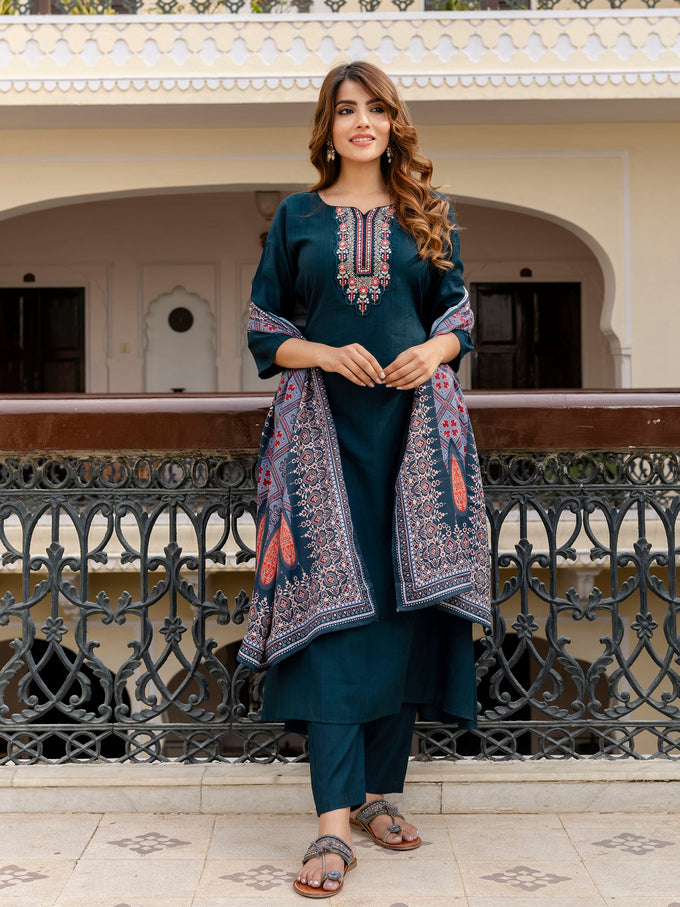 Teal Blue Art Silk Embroidery Anarkali Salwar Suit with Dupatta Set For Women's Trendmallsin