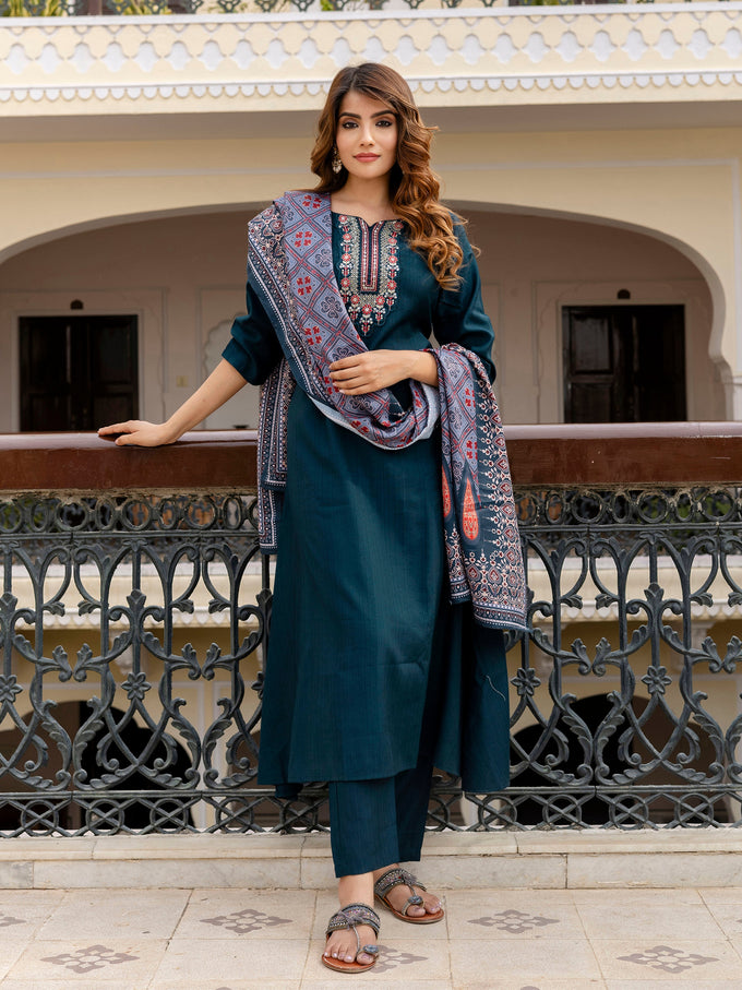 Teal Blue Art Silk Embroidery Anarkali Salwar Suit with Dupatta Set For Women's Trendmallsin