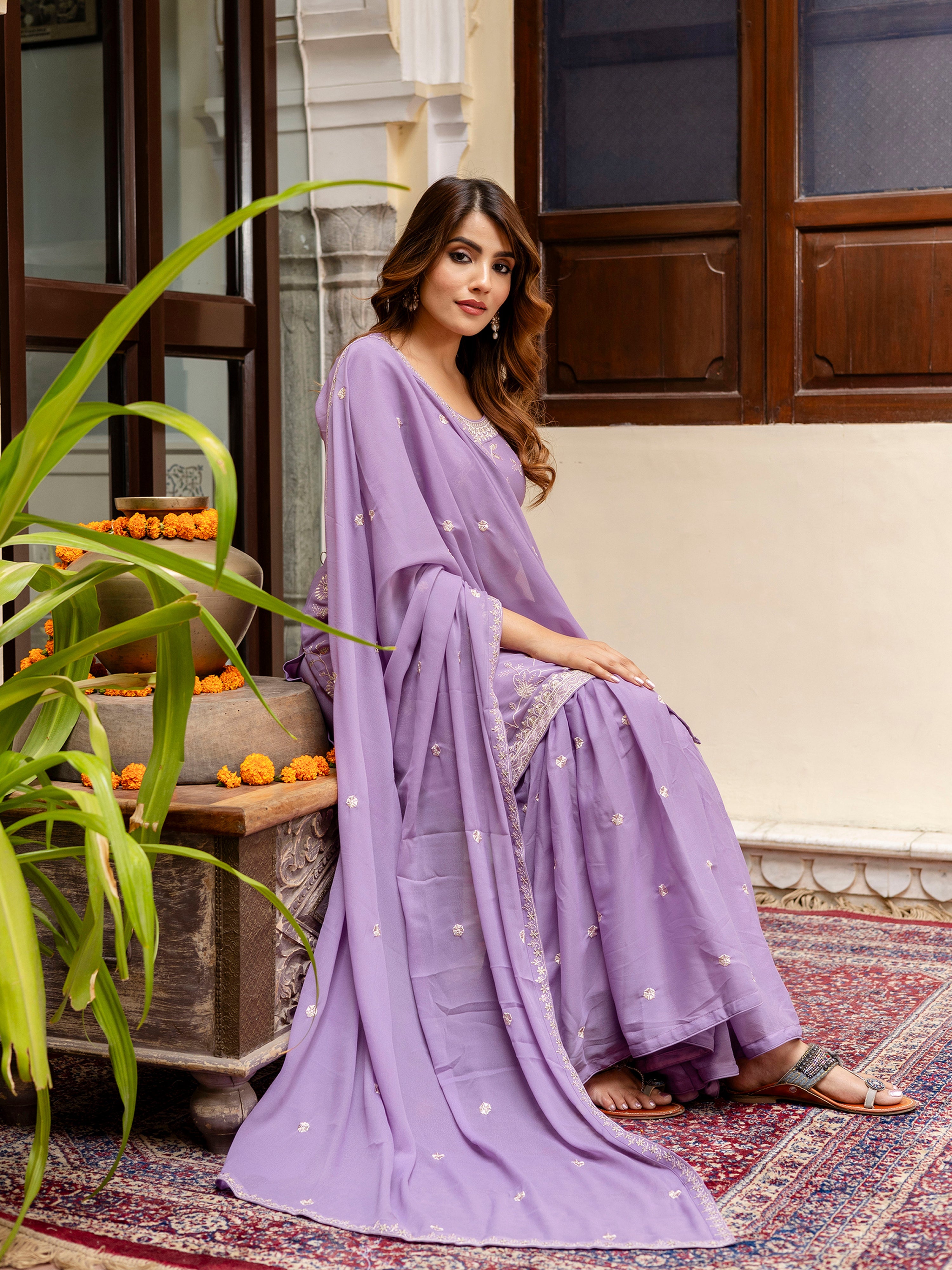 Purple Art Silk Embroidery Kurta Sharara Set with Dupatta For Women's Trendmallsin