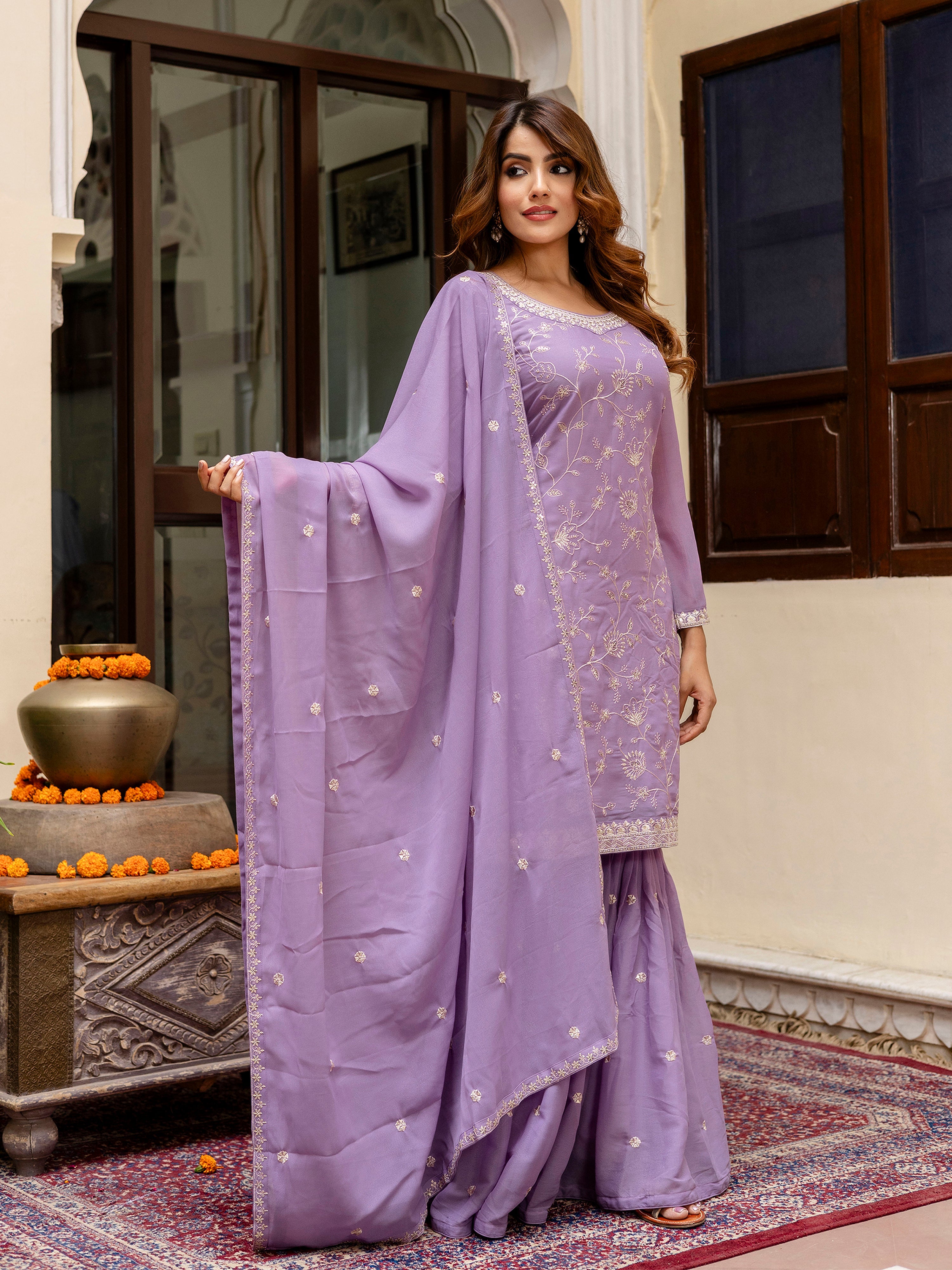 Purple Art Silk Embroidery Kurta Sharara Set with Dupatta For Women's Trendmallsin