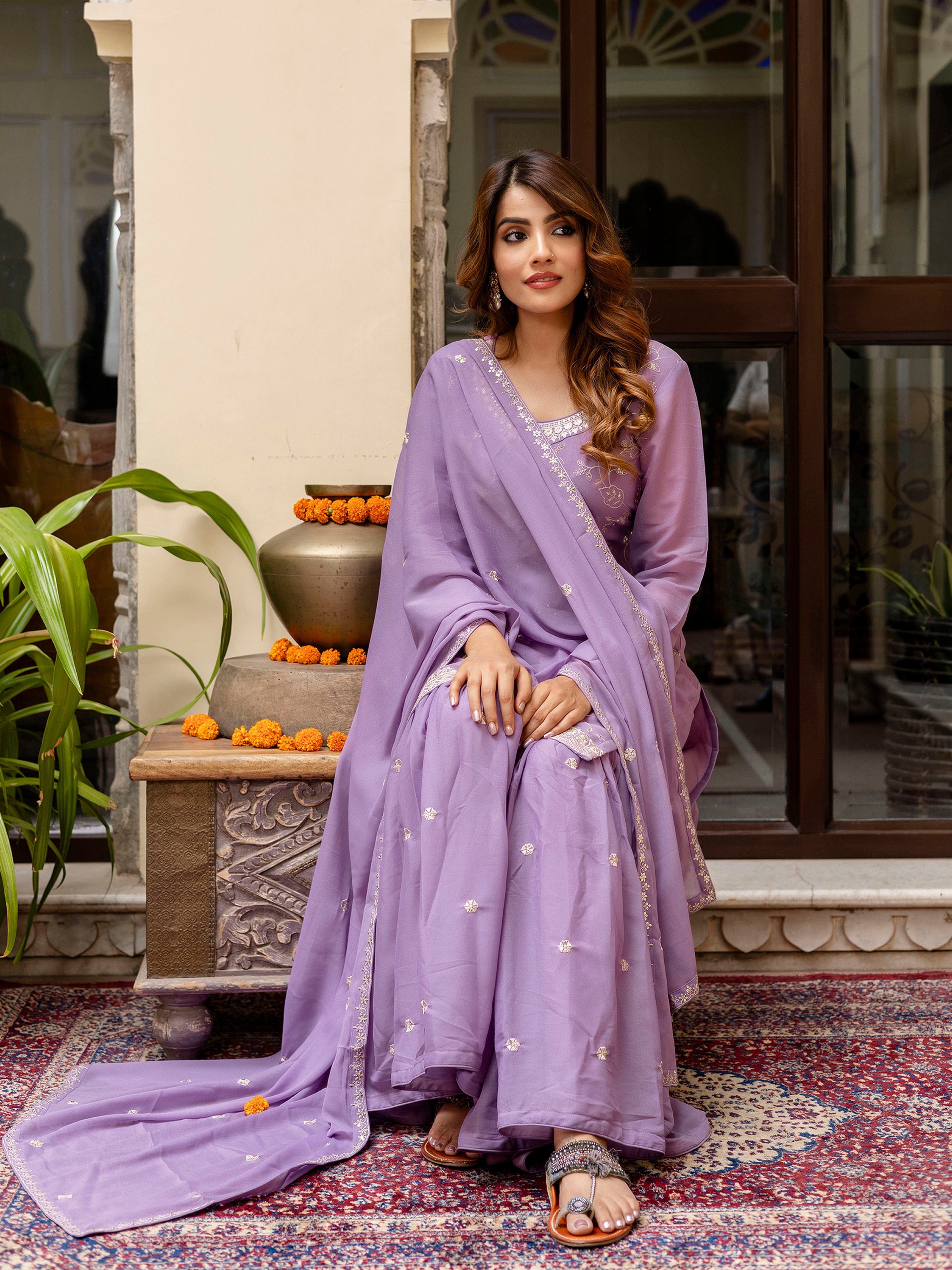 Purple Art Silk Embroidery Kurta Sharara Set with Dupatta For Women's Trendmallsin