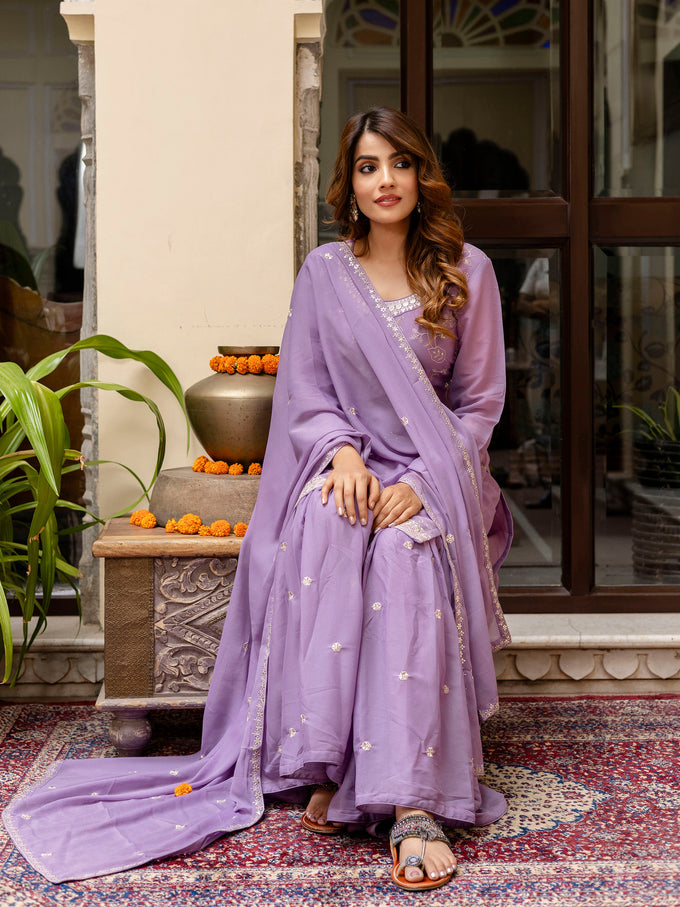 Purple Art Silk Embroidery Kurta Sharara Set with Dupatta For Women's Trendmallsin