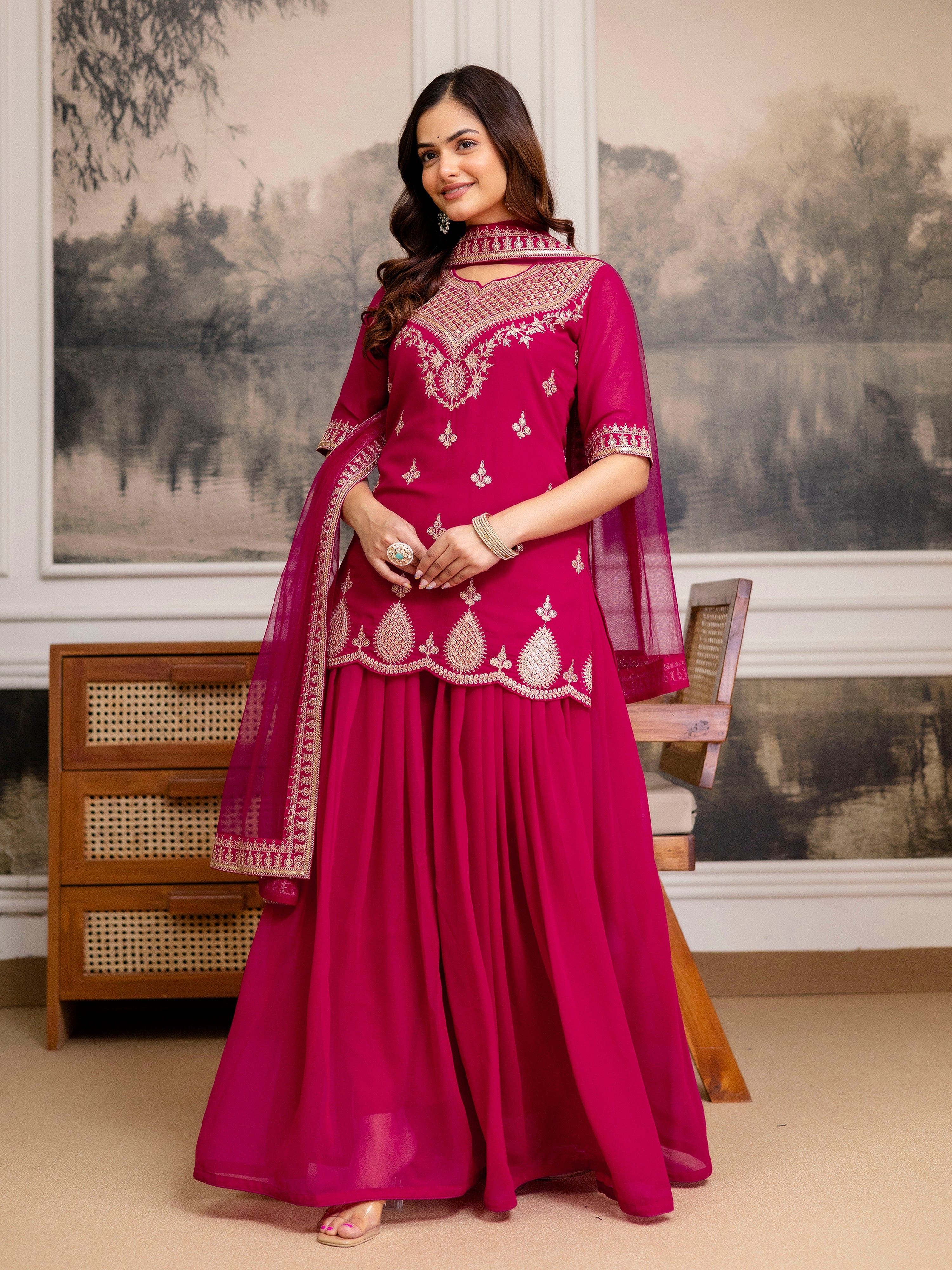 Pink Georgette Embroidery Kurta Sharara Set with Dupatta For Women's Trendmalls
