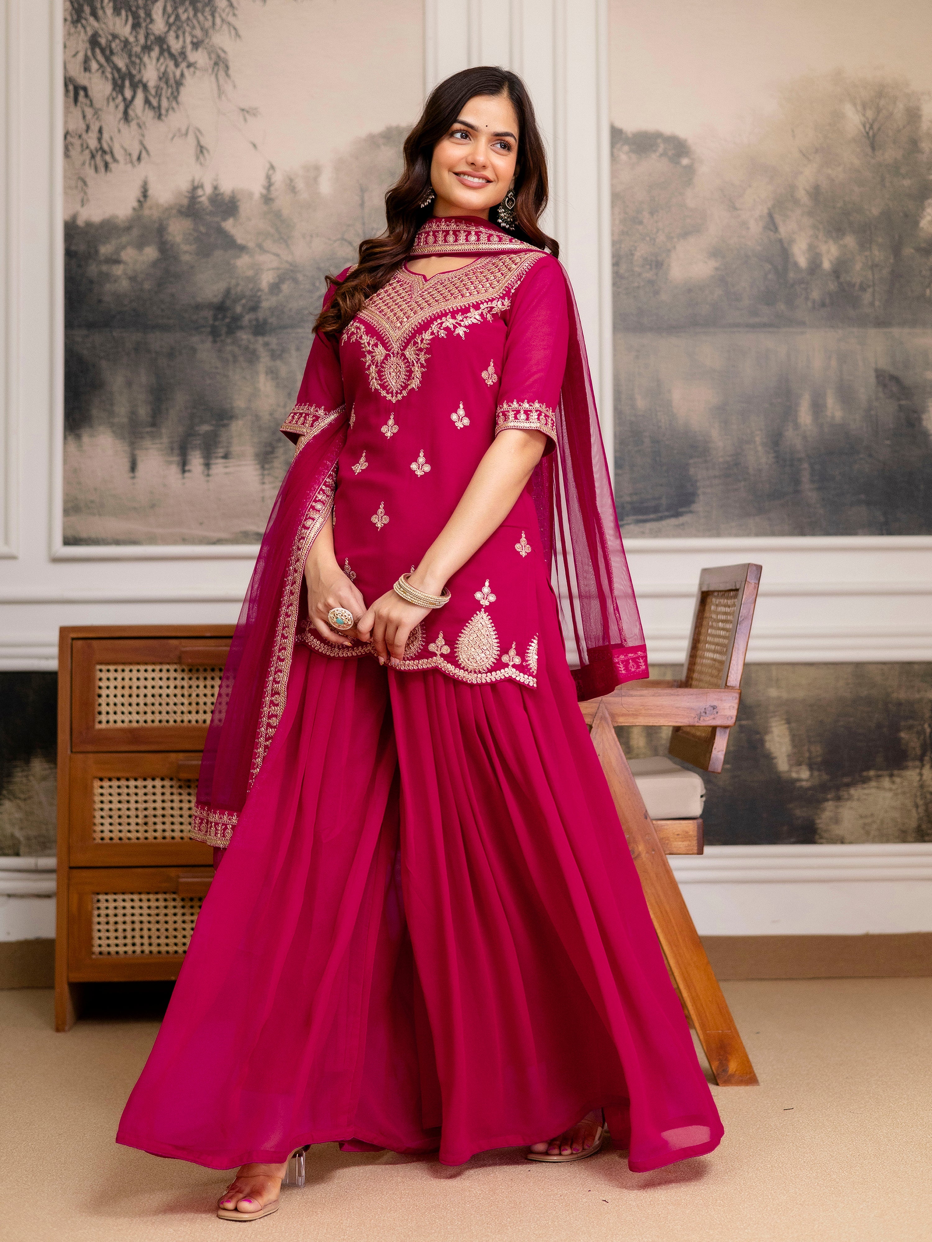 Pink Georgette Embroidery Kurta Sharara Set with Dupatta For Women's Trendmalls