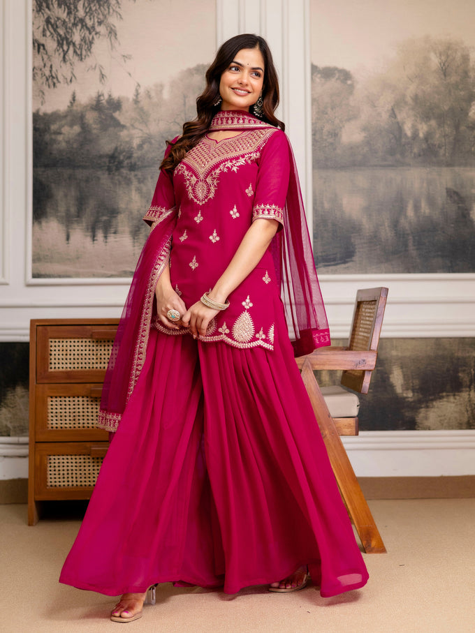 Pink Georgette Embroidery Kurta Sharara Set with Dupatta For Women's Trendmalls