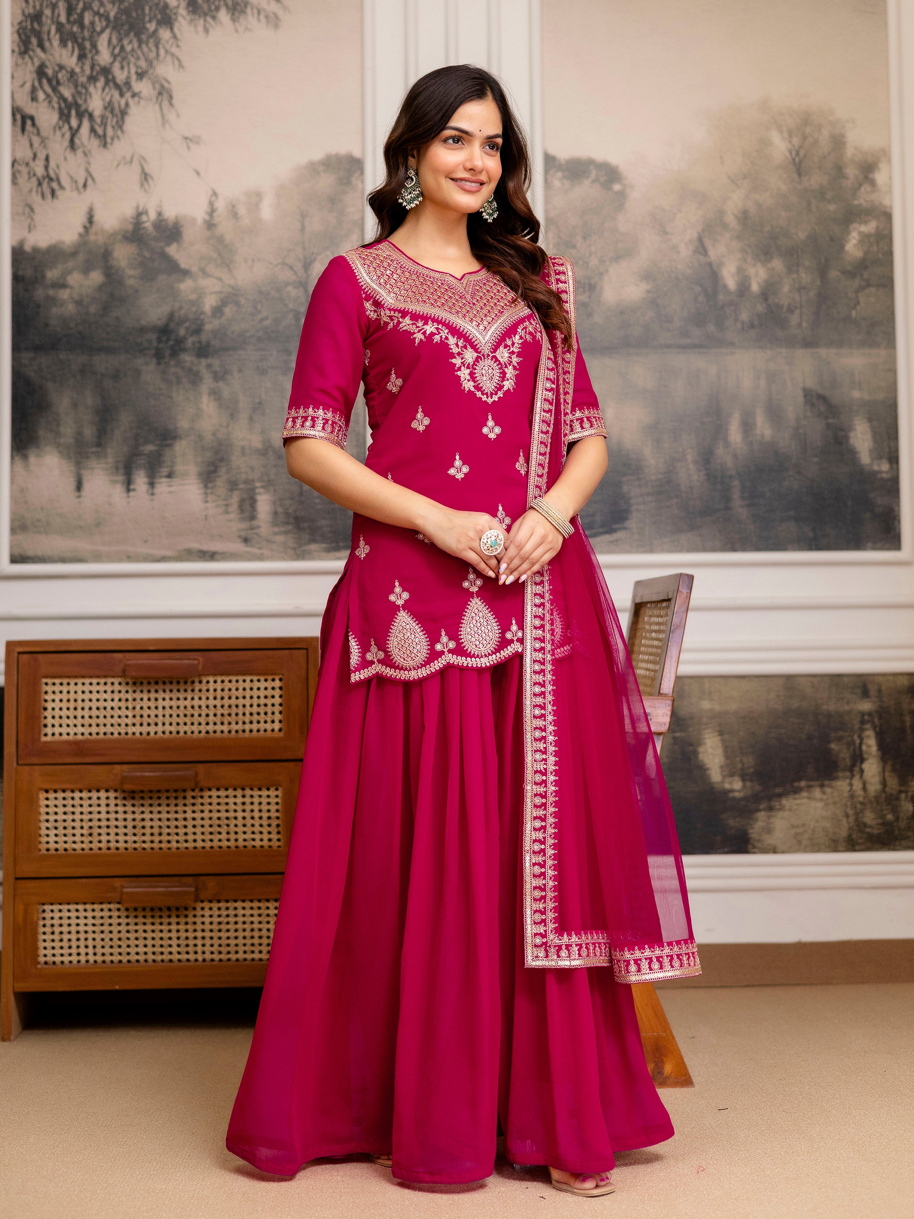 Pink Georgette Embroidery Kurta Sharara Set with Dupatta For Women's Trendmalls