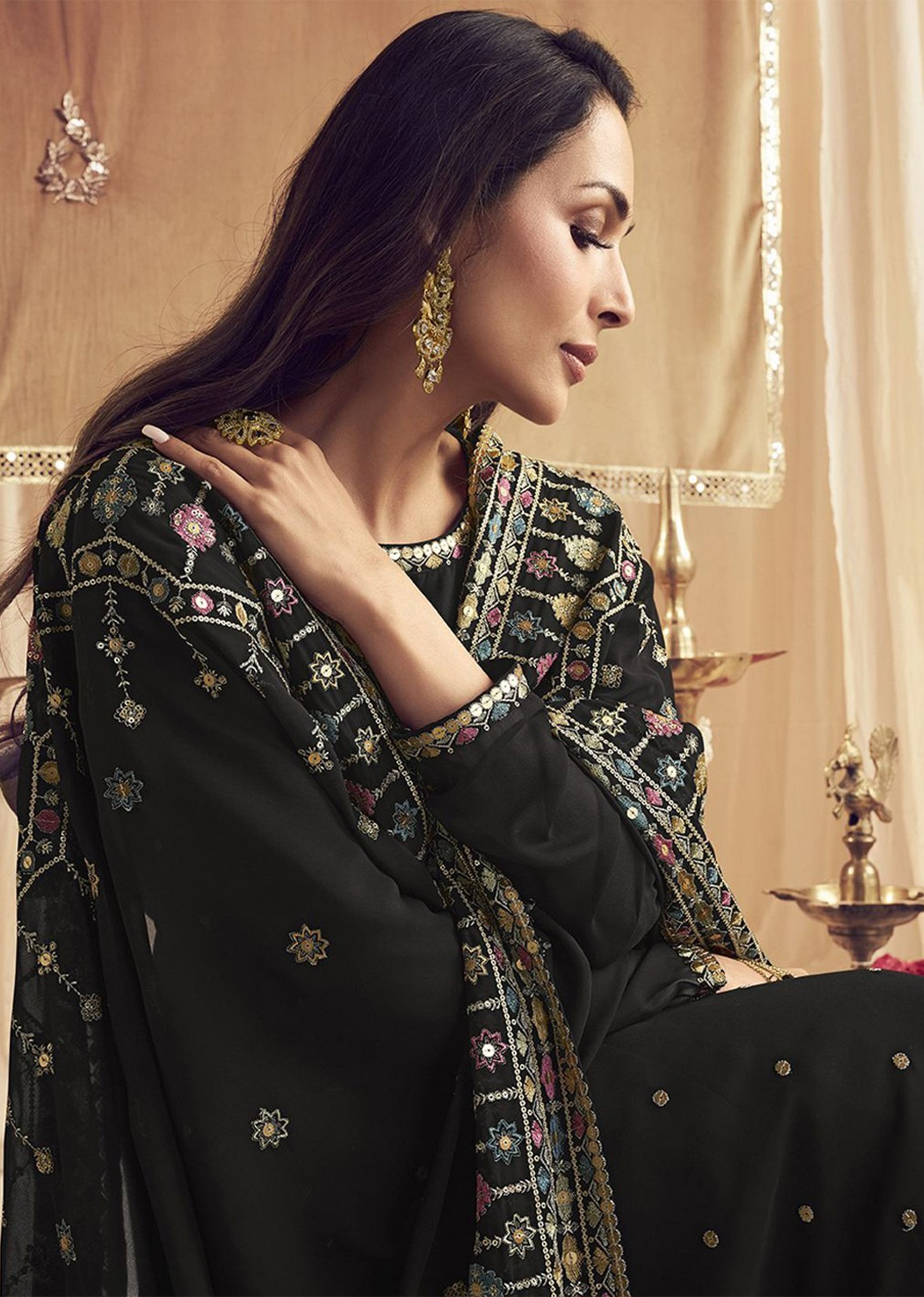 Black Georgette Embroidery Salwar Suit Set for Women's Trendmallsin