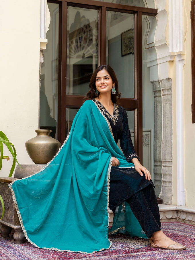 Blue Velvet Embroidery Salwar Suit Set with Dupatta for Women Trendmallsin