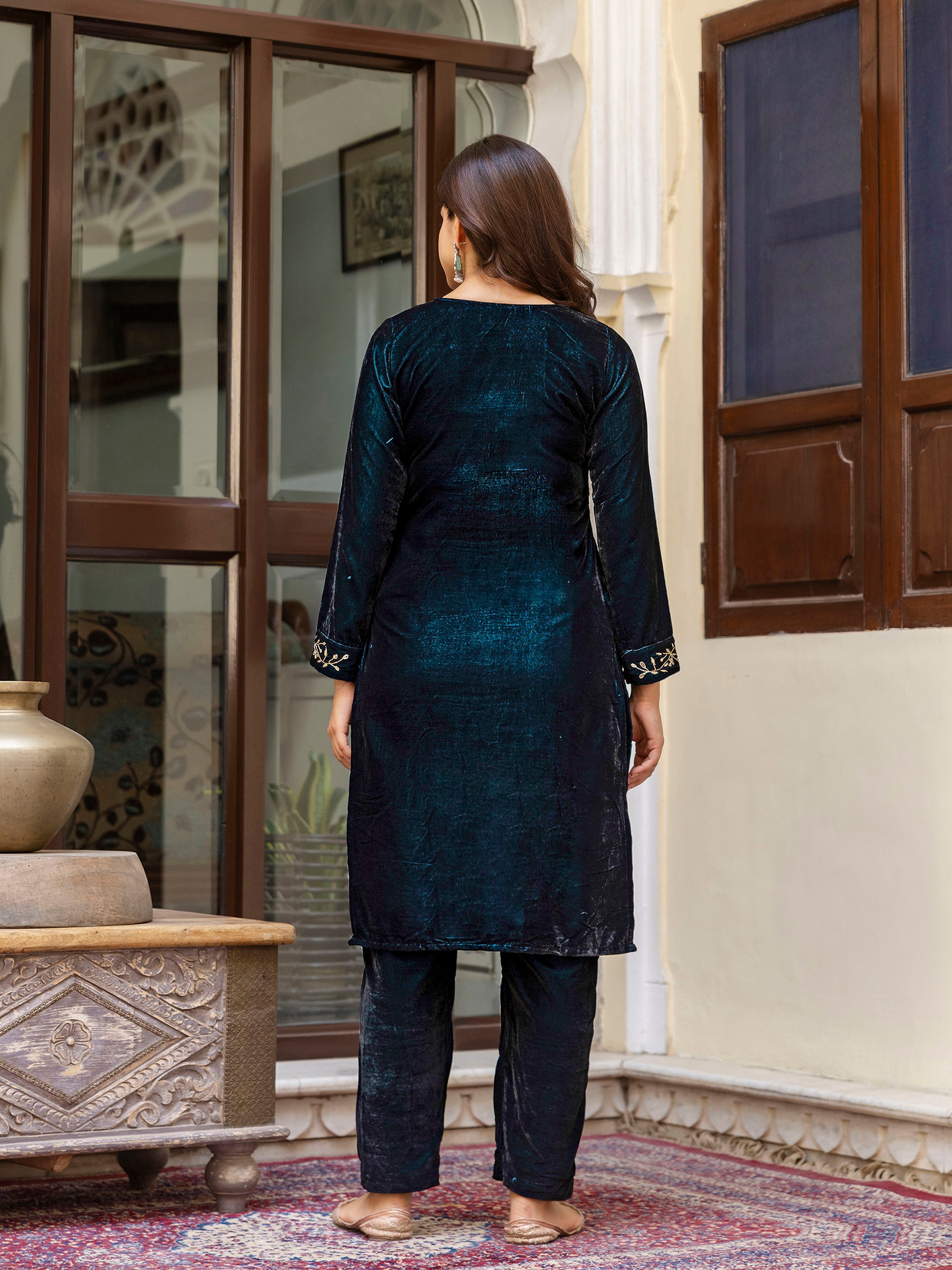 Blue Velvet Embroidery Salwar Suit Set with Dupatta for Women Trendmallsin