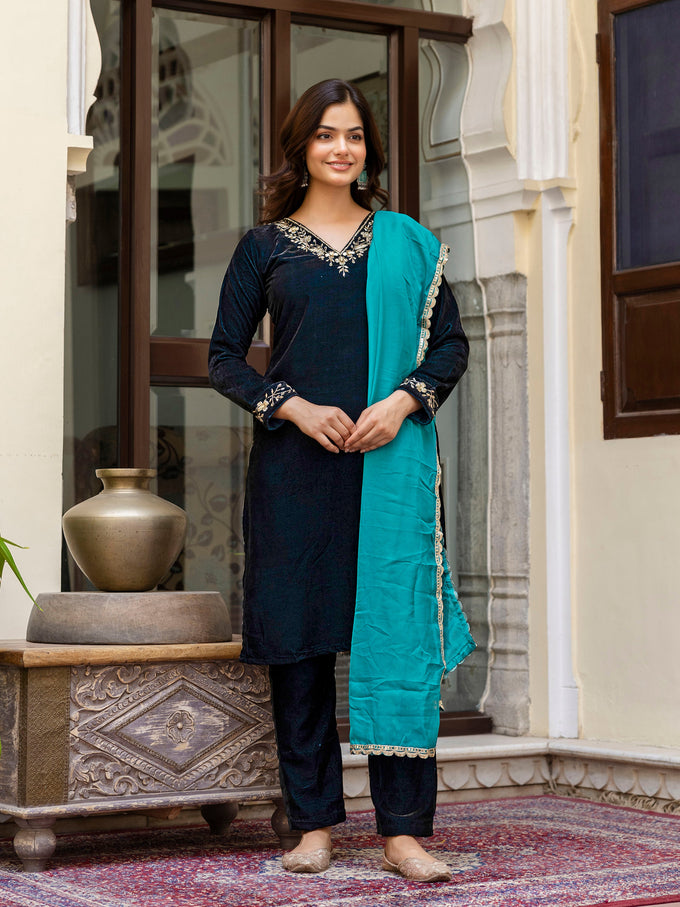 Blue Velvet Embroidery Salwar Suit Set with Dupatta for Women Trendmallsin