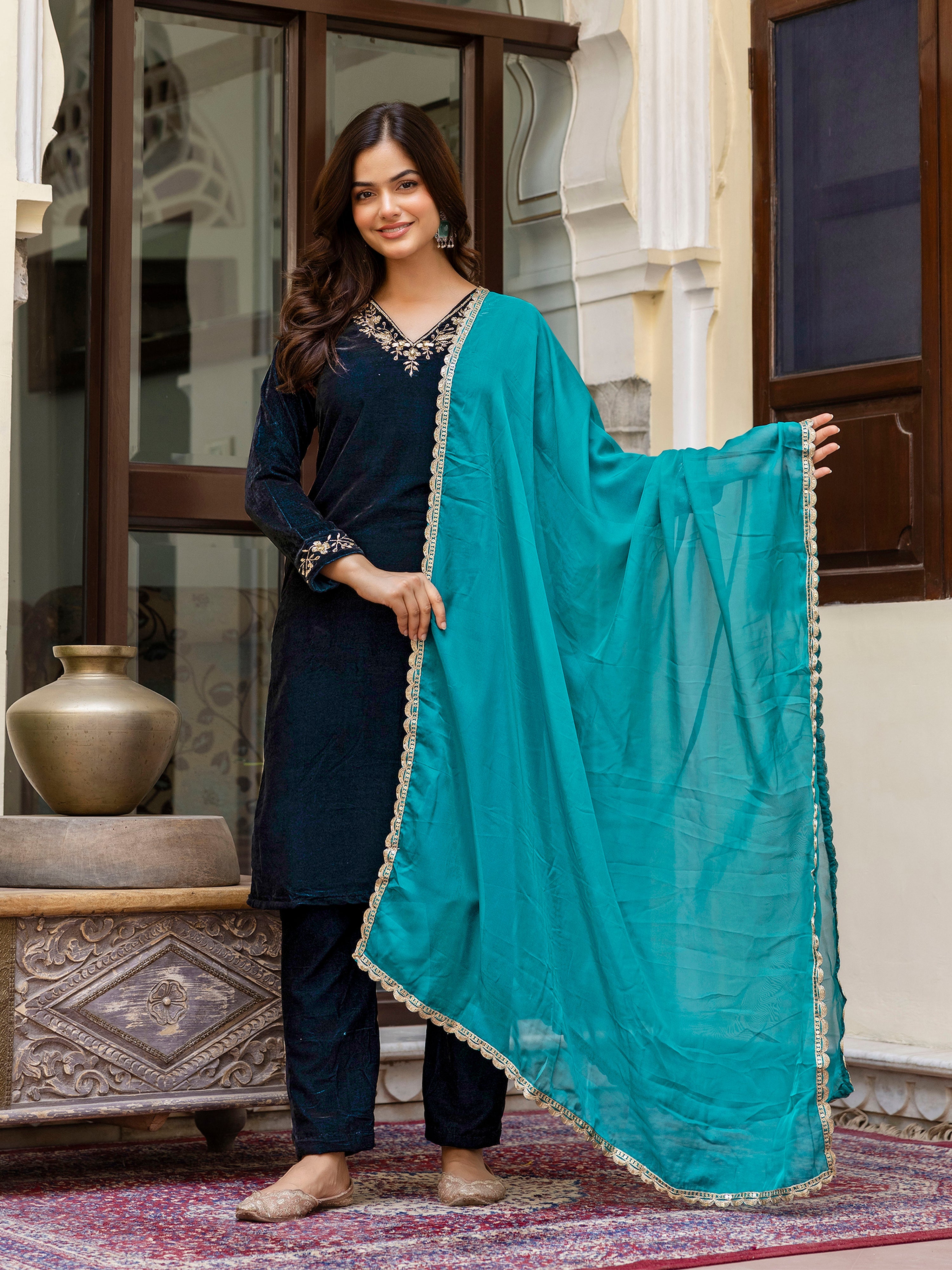 Blue Velvet Embroidery Salwar Suit Set with Dupatta for Women Trendmallsin
