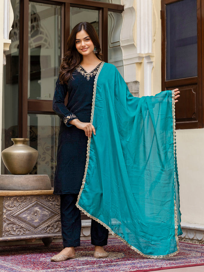 Blue Velvet Embroidery Salwar Suit Set with Dupatta for Women Trendmallsin