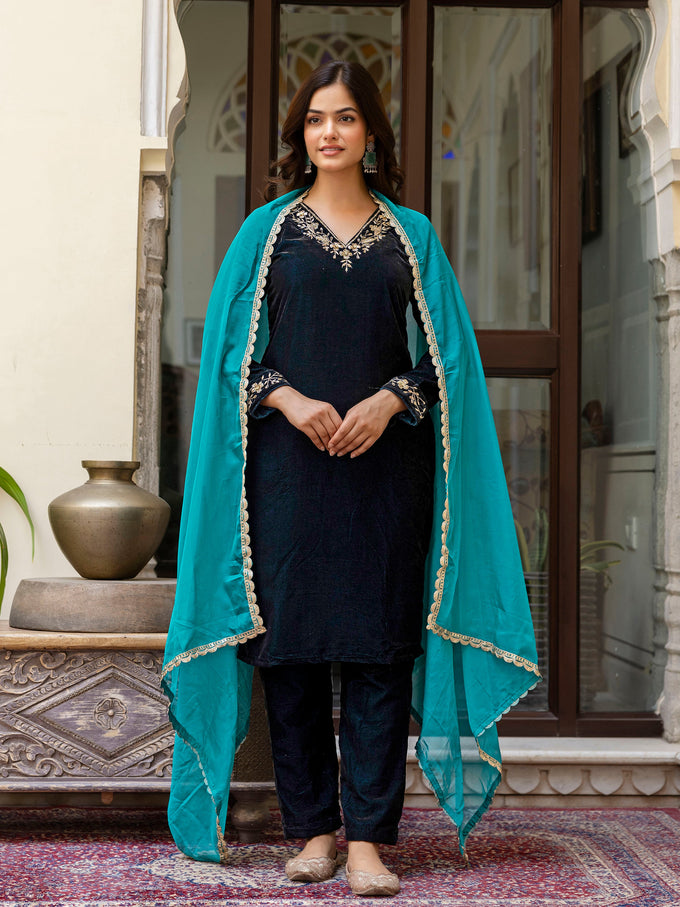 Blue Velvet Embroidery Salwar Suit Set with Dupatta for Women Trendmallsin