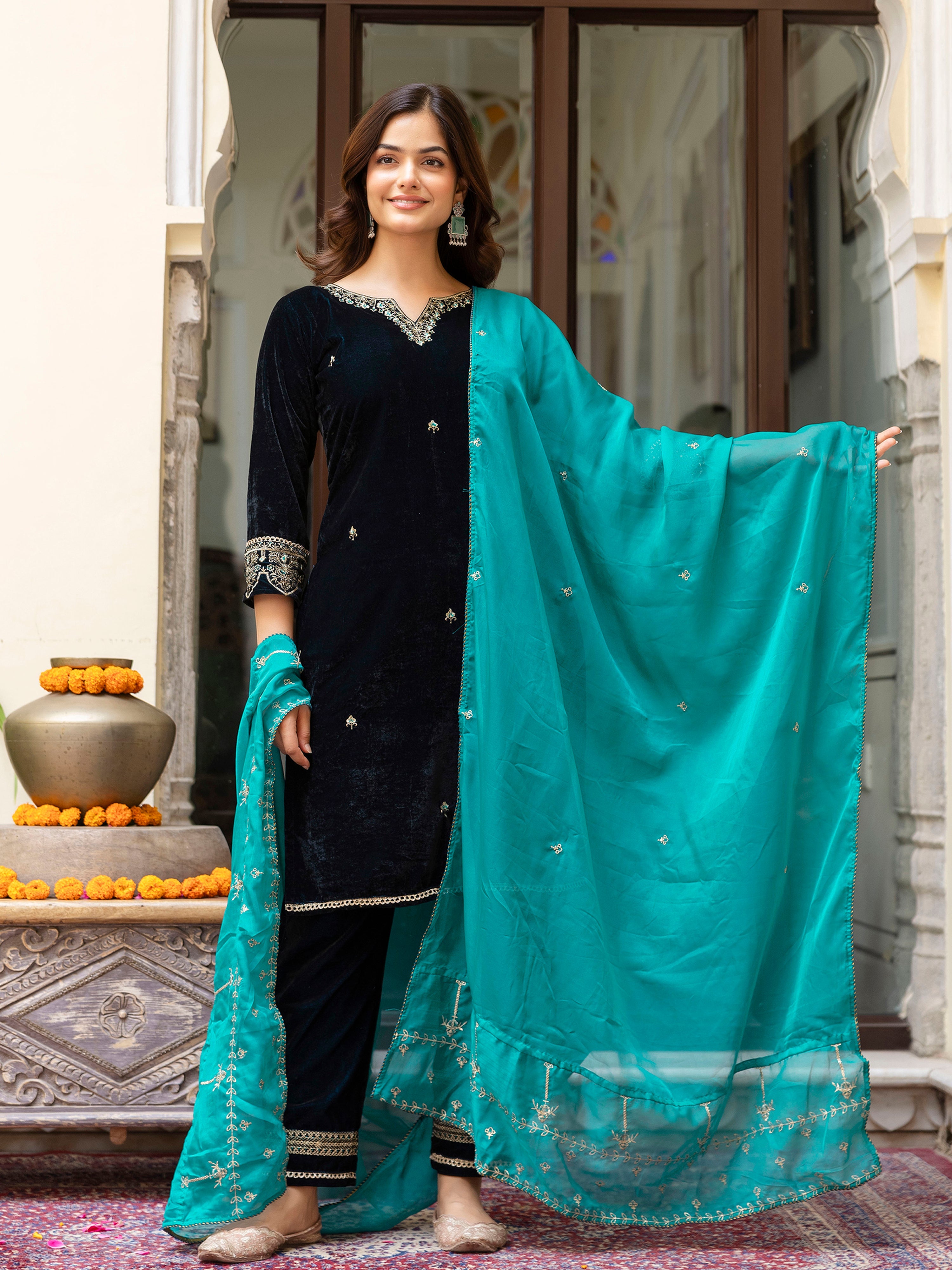 Morpeach Velvet Embroidery Salwar Suit Set with Dupattakk for Women's Trendmallsin