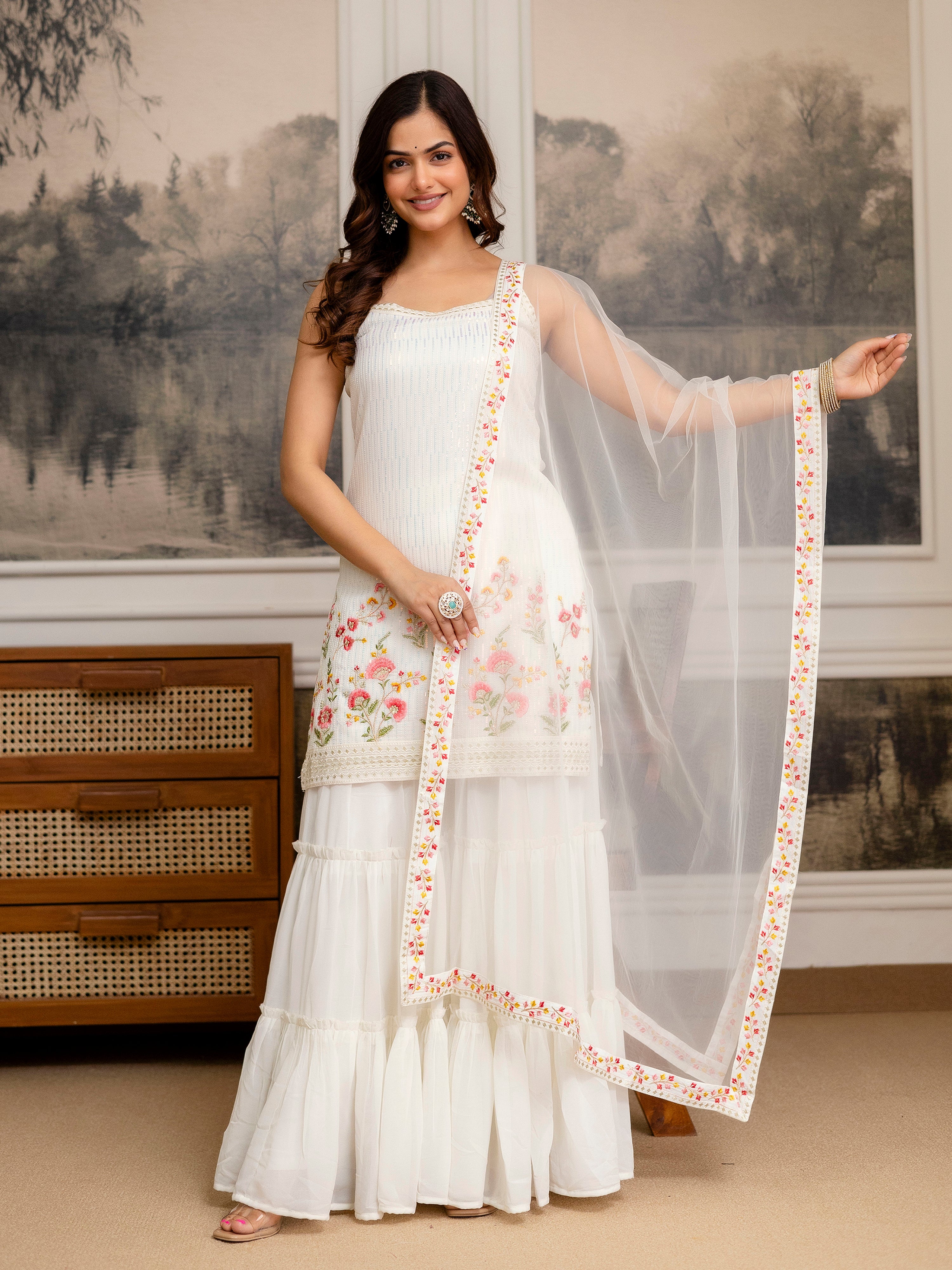 Georgette Embroidery Sequence Work Kurta Sharara Set with Dupatta Salwar Suit Set For Women Trendmalls
