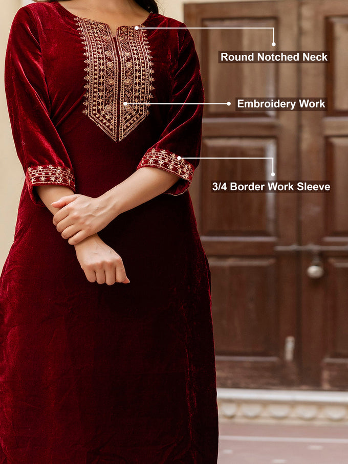 Maroon Velvet Embroidery Salwar Suit Set with Dupatta for Women Trendmallsin