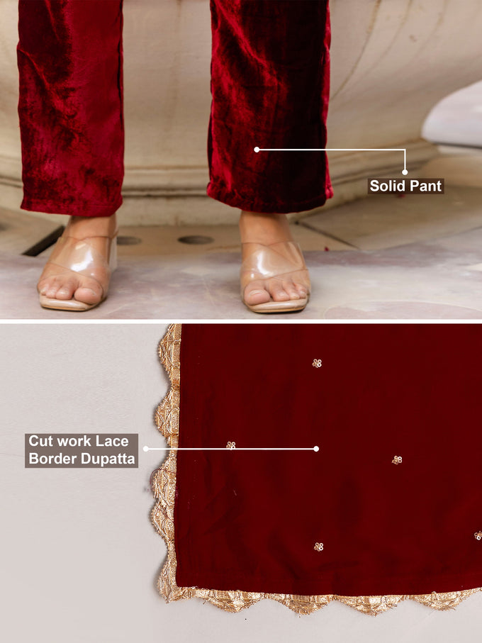 Maroon Velvet Embroidery Salwar Suit Set with Dupatta for Women Trendmallsin