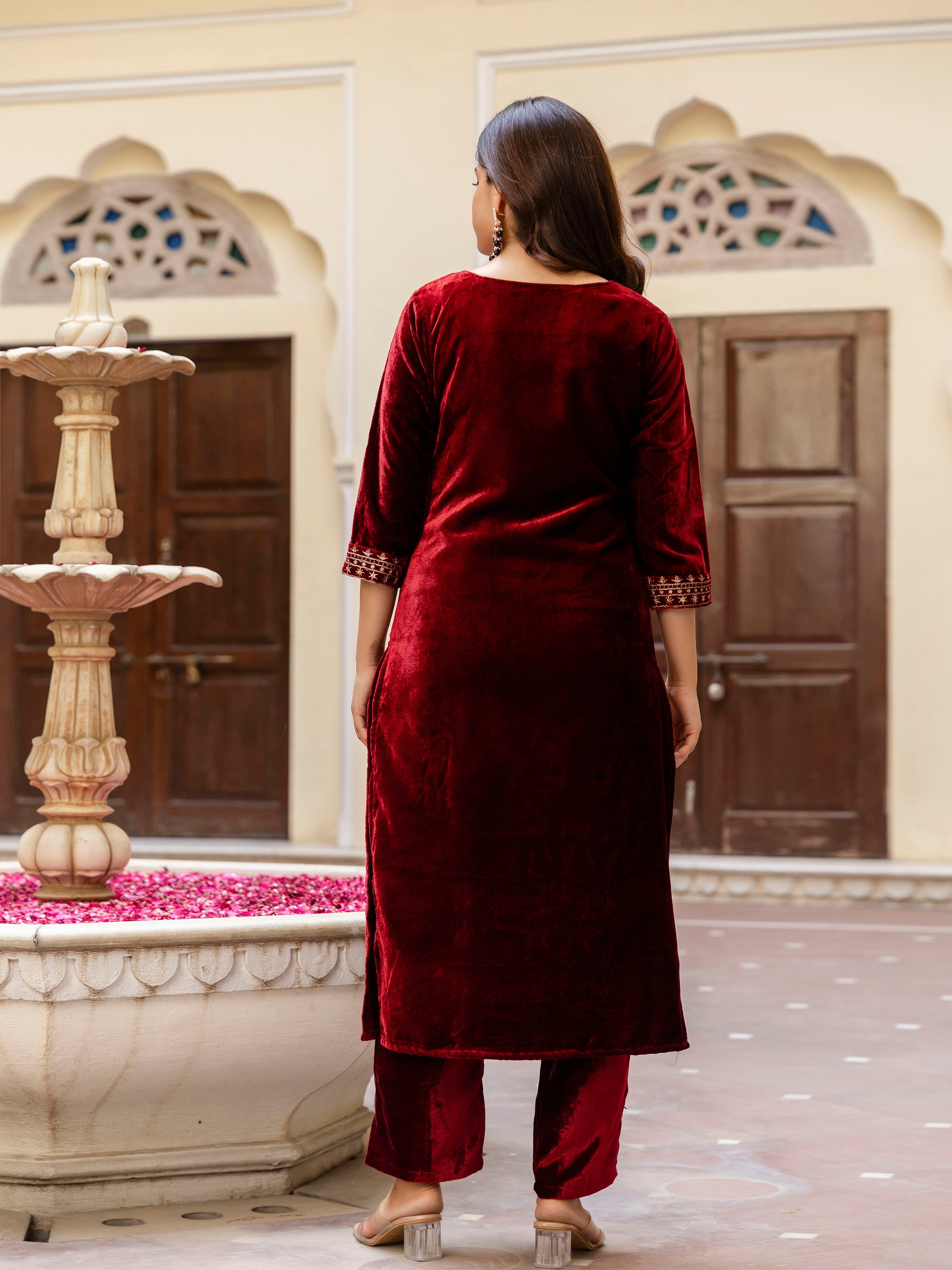 Maroon Velvet Embroidery Salwar Suit Set with Dupatta for Women Trendmallsin