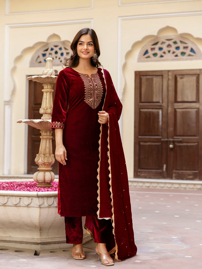 Maroon Velvet Embroidery Salwar Suit Set with Dupatta for Women Trendmallsin