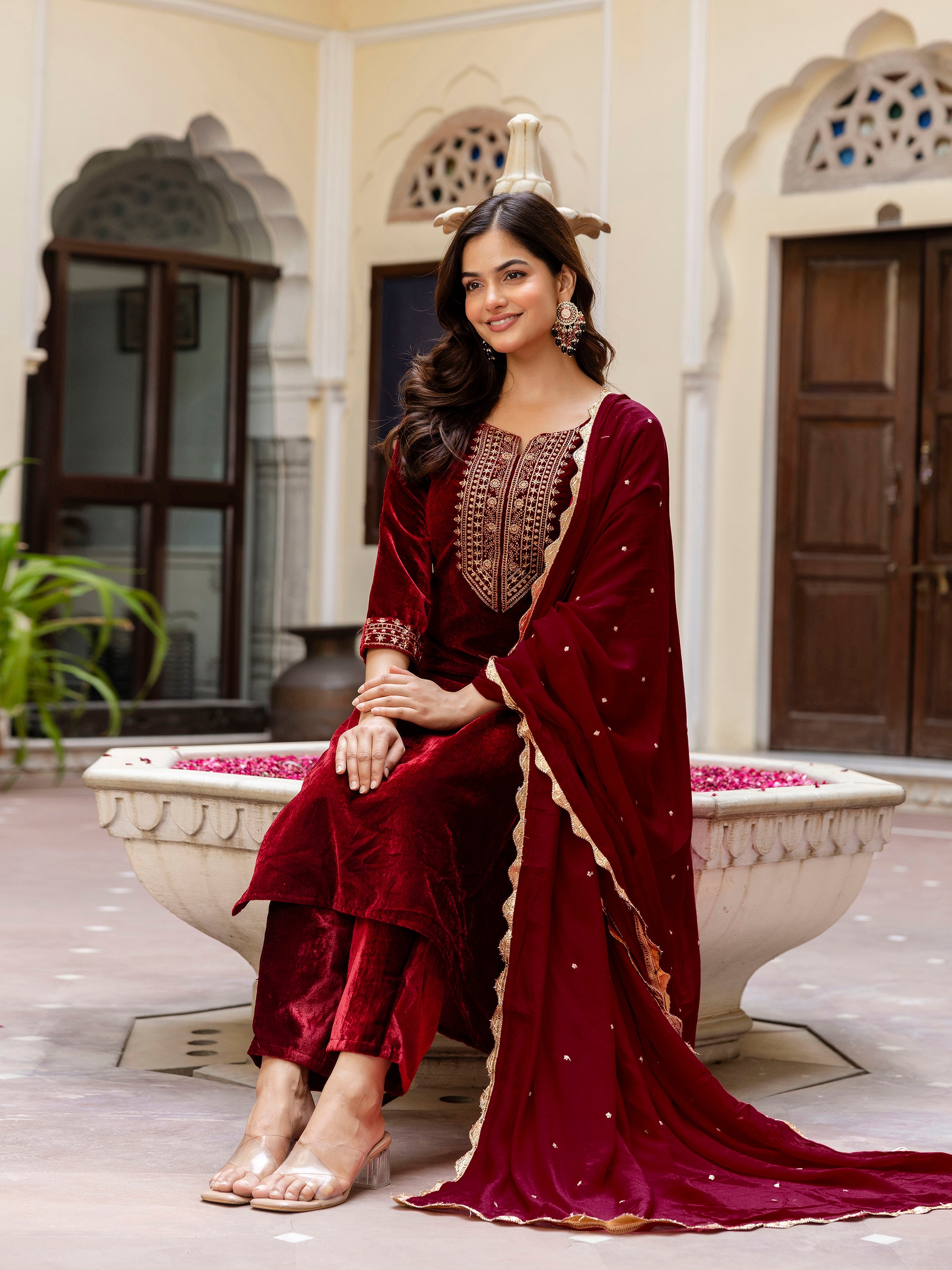 Maroon Velvet Embroidery Salwar Suit Set with Dupatta for Women Trendmallsin