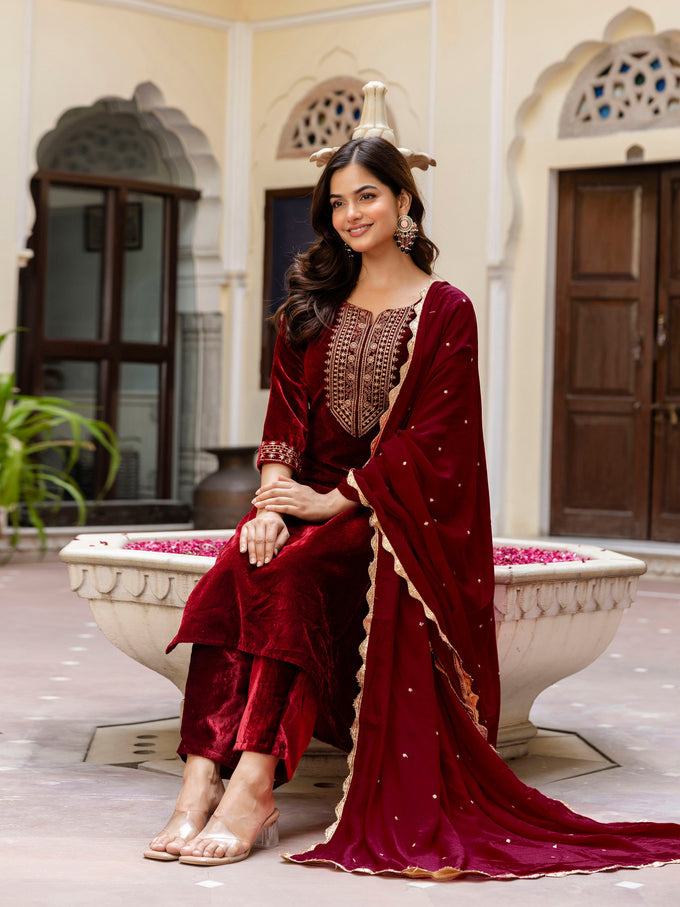 Maroon Velvet Embroidery Salwar Suit Set with Dupatta for Women Trendmallsin