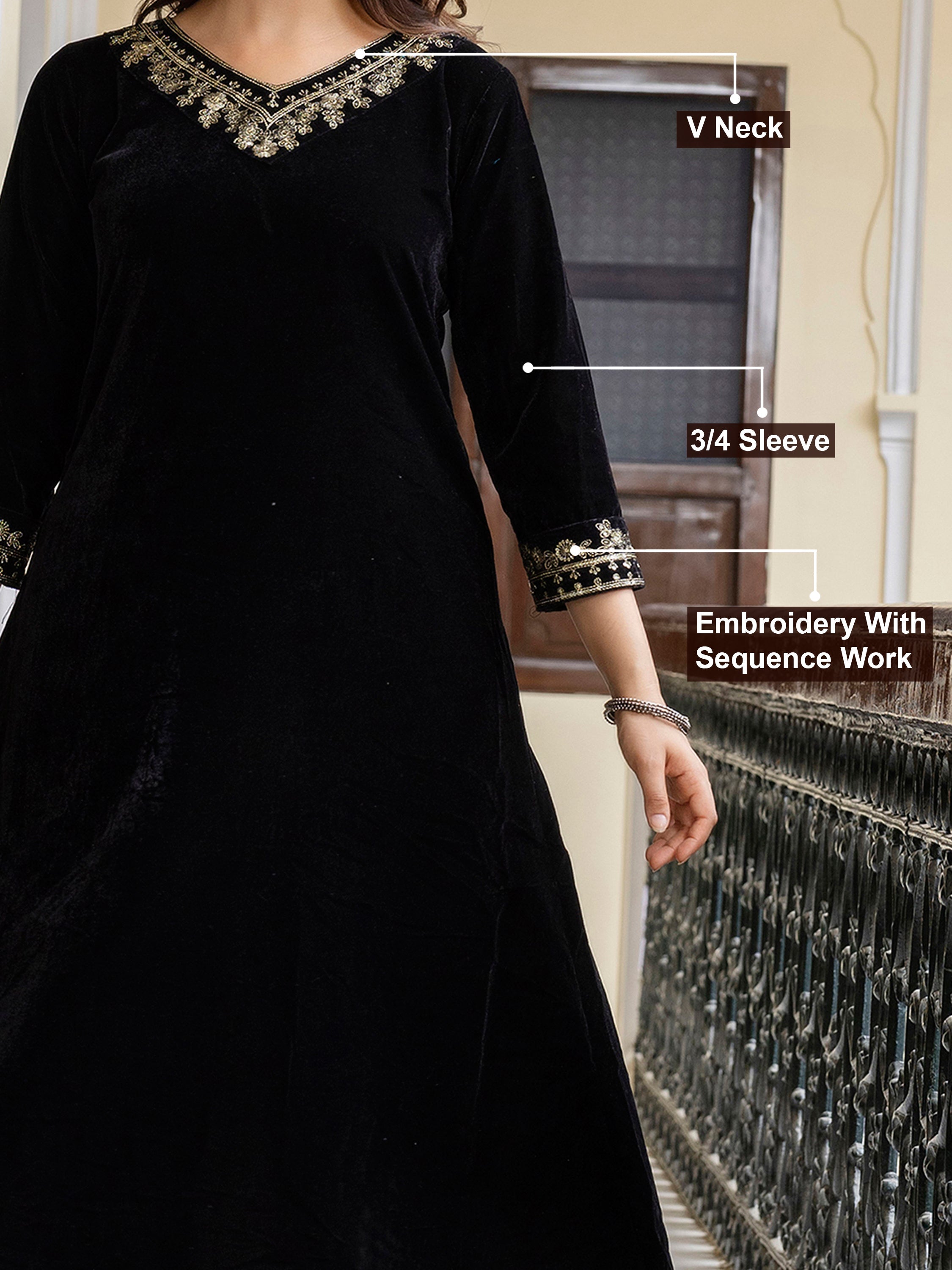 Black Velvet Embroidery Set A line Salwar Suit with Dupatta for Women's Trendmallsin