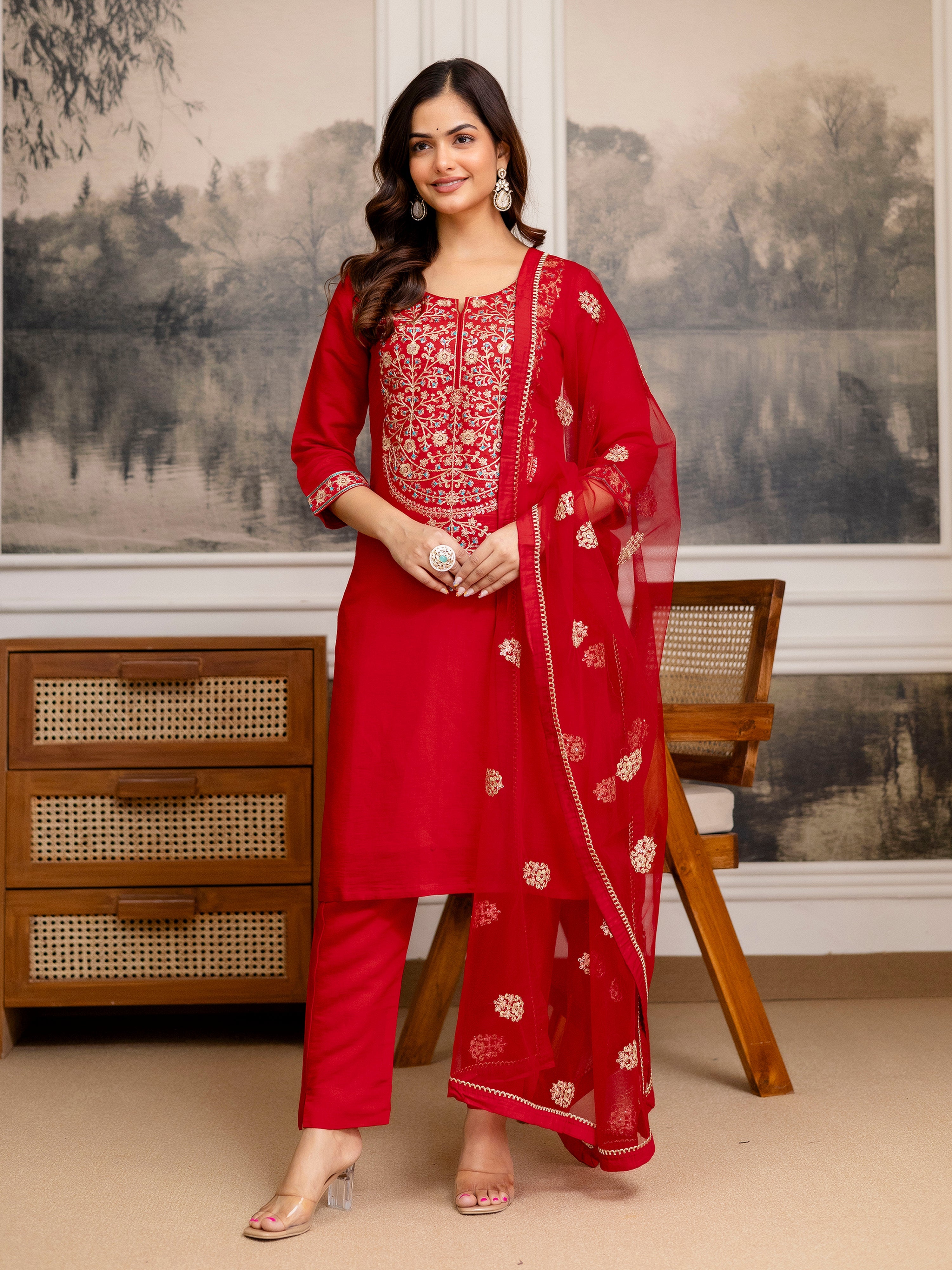 Red Chanderi Embroidery Salwar Suit with Dupatta Set For Women's Trendmalls